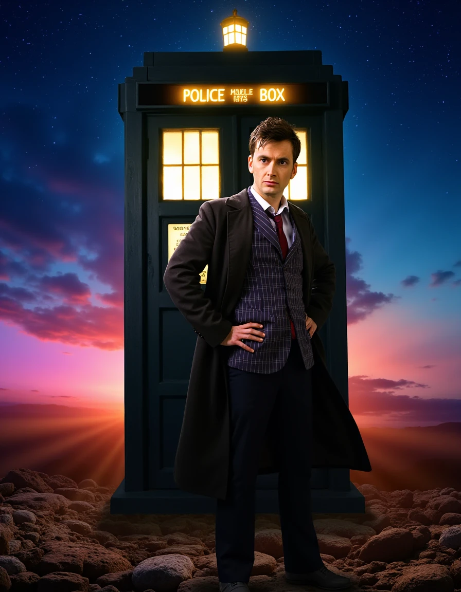 <lora:David_Tennant_Flux:1> The image is a digitally created photograph featuring a man standing confidently in front of a vintage police box. The man is dressed in a dark, long coat with a high collar, a plaid suit with a white shirt and a red tie, and dark trousers. He has a serious expression and is looking slightly to the left. His hair is styled in a modern, slicked-back manner.
The police box is an iconic, dark green structure with a sign that reads "POLICE BOX" in bold, yellow letters. The box has a small window with a frosted glass design. The background is a vibrant, surreal landscape with a gradient of colors transitioning from deep blue at the top to a fiery orange at the bottom, suggesting a sunset or sunrise. The sky is dotted with stars, adding a mystical, otherworldly feel to the scene.
The ground beneath the man is rocky and uneven, with textures that contrast with the smooth surfaces of the police box and his clothing. The overall atmosphere is one of mystery and adventure, reminiscent of a fantasy or science fiction setting. The image is visually striking, blending elements of reality and fantasy seamlessly.