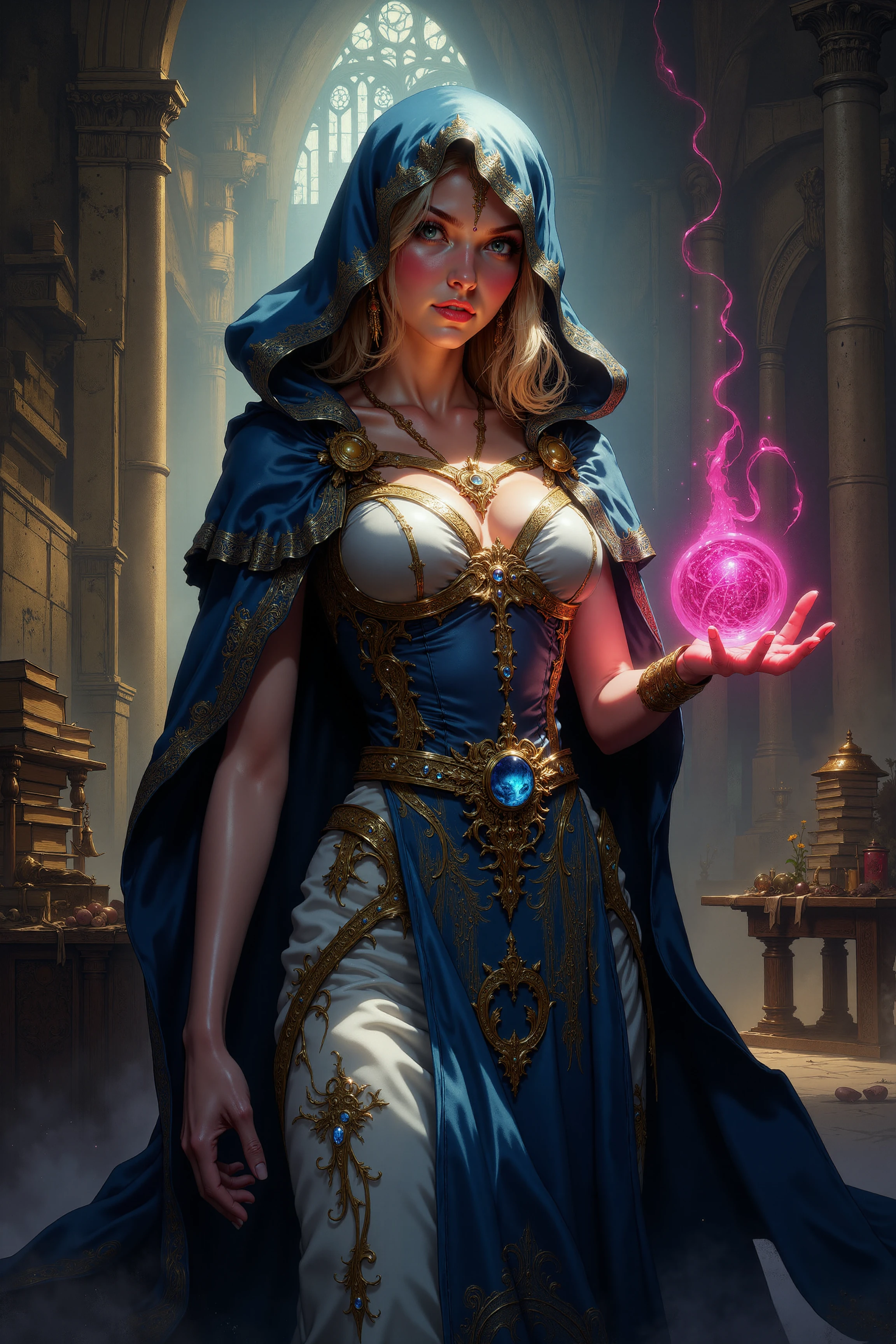 <lora:FANCHA_style:0.9> FANCHA style.
The image features a captivating sorceress in a grand, mystical setting, with her flowing cloak rendered in a rich shade of  blue, deepening the sense of mystery and magic she exudes. The fabric of the blue hood is adorned with intricate gold embroidery, creating swirling patterns that shimmer faintly in the warm, ambient light. Her platinum blonde hair cascades around her shoulders, contrasting beautifully against the darker, regal tones of her cloak. Her piercing blue eyes glow with intelligence and focus, framed by a long eyelashes. Her attire is an elegant mix of practicality and beauty, with a fitted bodice featuring white and deep indigo panels accented with fine golden trim. The metallic pauldrons and decorative embellishments along her cloak's edges add a sense of authority and craftsmanship, featuring ornate designs inset with shimmering gemstones. The jewelry she wears, including her pendant with glowing azure stones, stands out  vividly against the blue fabric. In her hand, she holds a conjured orb of radiant pink and white energy, surrounded by intricate magical runes floating around the orb. The glowing orb casts soft pink light onto her face, clothes and surroundings, contrasting sharply with the blue of her cloak. Thin, smooth, glowing wisps of magical energy dance around the orb, adding motion and life to the scene. The spell-work's dynamic vibrancy is further emphasized by faint trails of pink energy swirling around her. The background remains a grand, dim, ancient hall, its tall arched windows allowing sun's rays to filter in, illuminating dust particles floating in the air and the stone architecture with a golden hue. Stacks of books and alchemical tools on nearby tables reinforce her scholarly and arcane prowess. The interplay of colorsâblue, white, and goldâcombined with the glowing pink magic, creates a visually stunning composition that highlights her elegance, power, and mastery of the mystical arts.