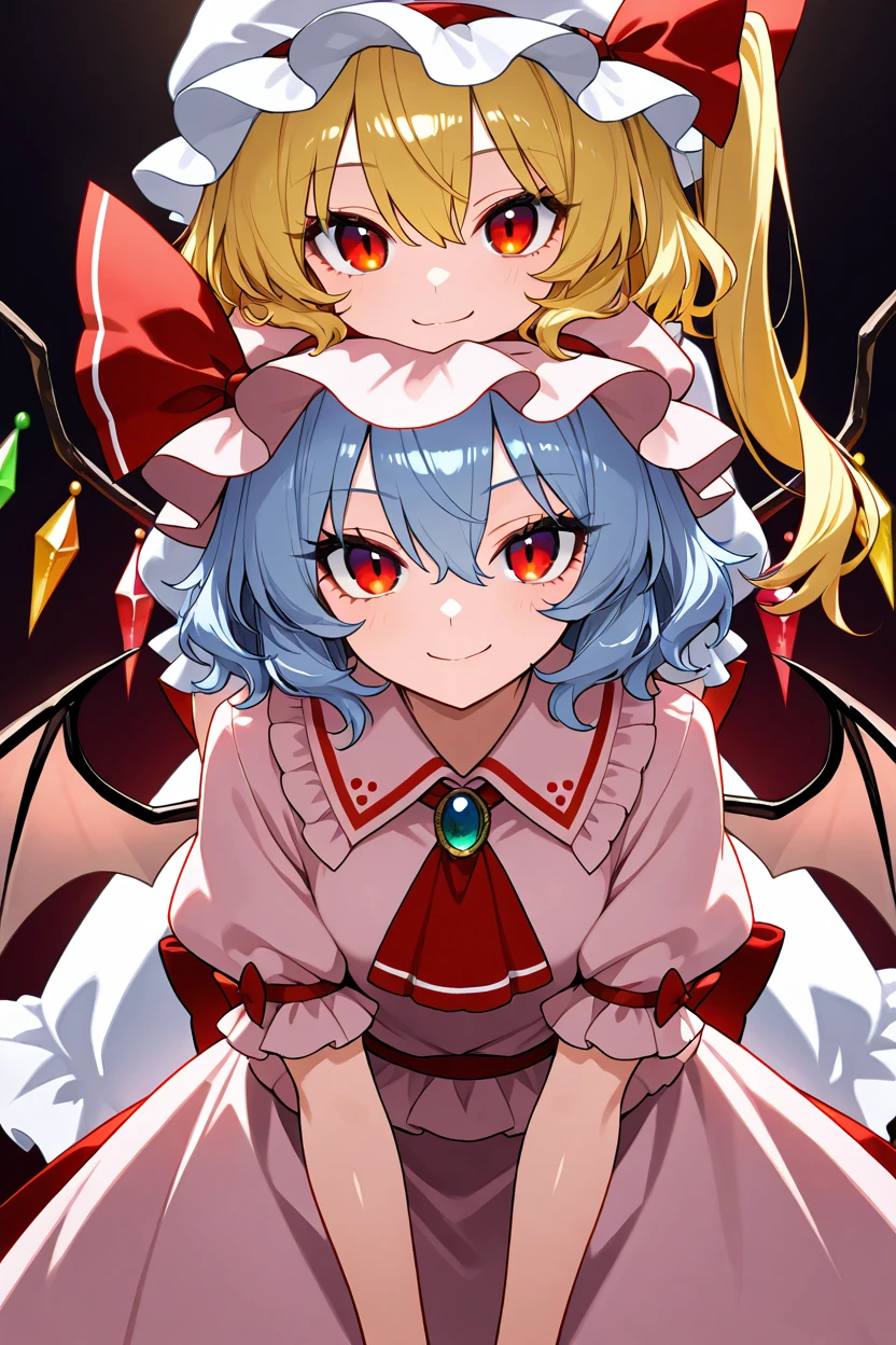 masterpiece, best quality, 21 year old model, eyelashes, (beautiful eyes),     ,,,2girls,  zzRemilia, red eyes, blue hair, short hair, hat, ribbon, wings, ascot, hat ribbon, pink dress, bat wings, short sleeves, frills, puffy sleeves, zzFlandre, red eyes, blonde hair, one side up, hair between eyes,  wings, ascot, red skirt, hat ribbon, short sleeves, puffy sleeves, mob cap, red shirt,  <lora:ScarletSistersIXL_v1:1.0>, , cowboy shot, leaning forward, smile, looking at viewer, shiny skin,