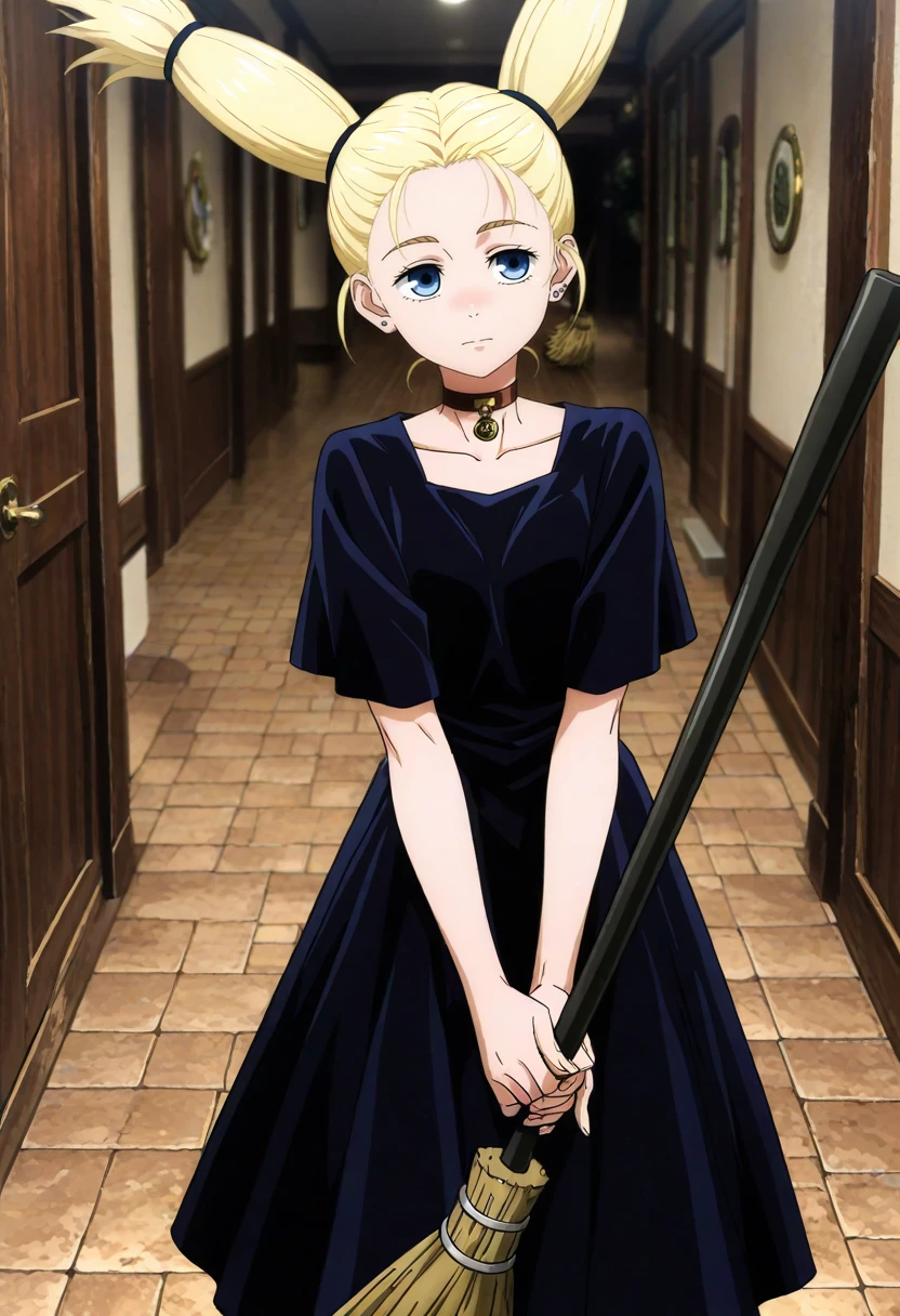 masterpiece, best quality, absurdres, highres, detailed background, <lora:hyperSD8:1>,
 <lora:MOMOMO:1> nishimiya momo, 1girl, blonde hair, twintails, choker, black dress, earrings,holding broom, own hands together,