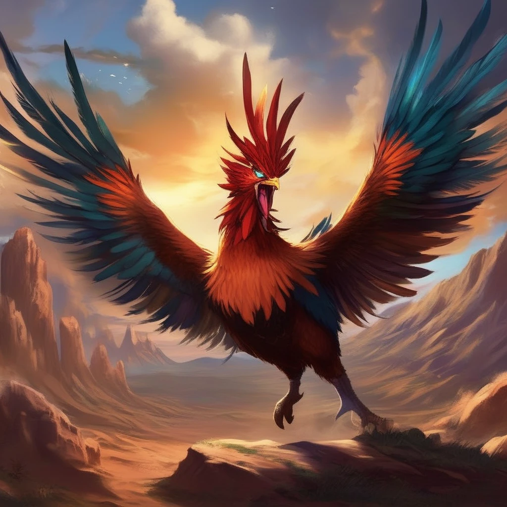 anime artwork  <lora:cockatrice:1> cockatrice,  a cockatrice in the midst of an intense desert battle, wings fully outstretched as it lunges at a warrior. The creature's eyes glow fiercely, radiating a petrifying aura. The background is a stormy twilight sky, with flashes of lightning illuminating the desolate terrain. The camera is positioned at a dynamic angle, just behind the warriorâs shoulder, creating a sense of immediacy. The lighting is dramatic, with harsh shadows emphasizing the sharp edges of the cockatriceâs beak and scales.
 . anime style, key visual, vibrant, studio anime,  highly detailed