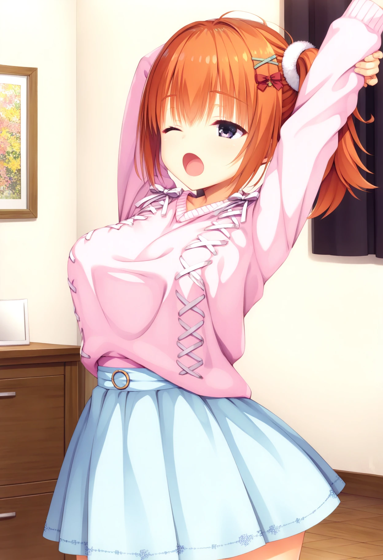 (masterpiece, best quality, highres, absurdres, very detailed, photorealistic, very aesthetic:1.22), (detailed eyes), muririn, yuzu modoki, shiny skin, 1girl, sumizome nozomi, orange hair, dddsweater, side ponytail, white scrunchie, breasts, x hair ornament, red bow, hair bow, hairclip, blue skirt, pink sweater, long sleeves, cross-laced clothes, arms up, stretching, white ribbon, white bow, purple eyes, :o, yawning, detailed background, indoors, arched back,    <lora:nozomi_2-14:1>