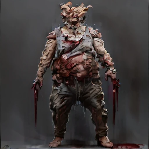 (warhammer fantasy style), gigantic (Khorne, non-human:1.5) the Blood God, looking like a (giant blood Demon:1.4), (but he's dressed as a French citizen, wearing a sailor shirt and handling a baguette with a beret:1.5), warhammer_chaos_spawn, simple background