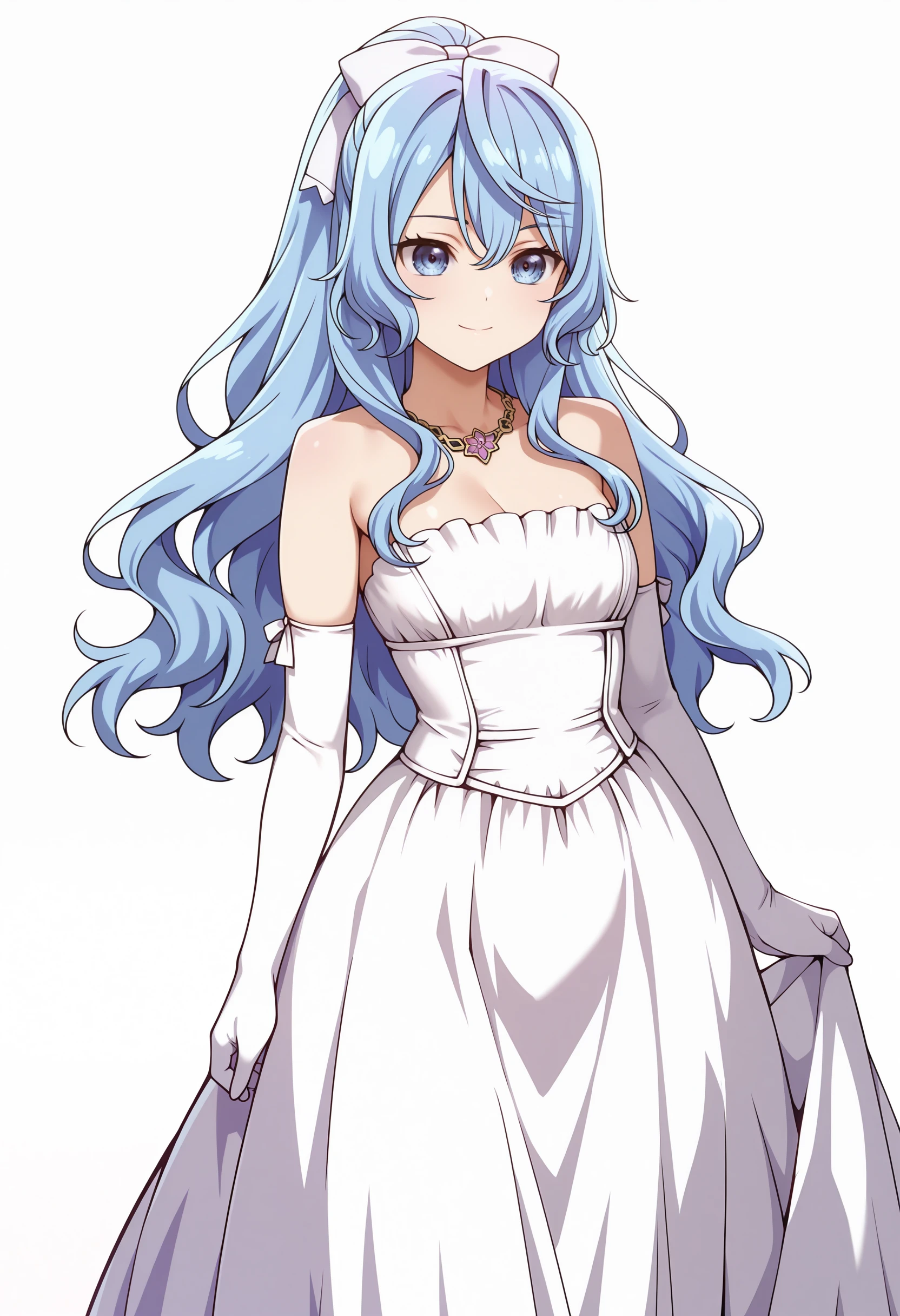 best quality, masterpiece \(quality\),
liselotte cretia, blue hair, hair bow, white bow, 
white dress, strapless dress, sleeveless dress, elbow gloves, long dress, necklace, 
smile, closed mouth, 
1girl, solo,
cowboy shot, standing,
white background, simple background,
 <lora:faux-liselotte-cretia-mixed4-illu-lora-rank128a32-came-attn:1.0>