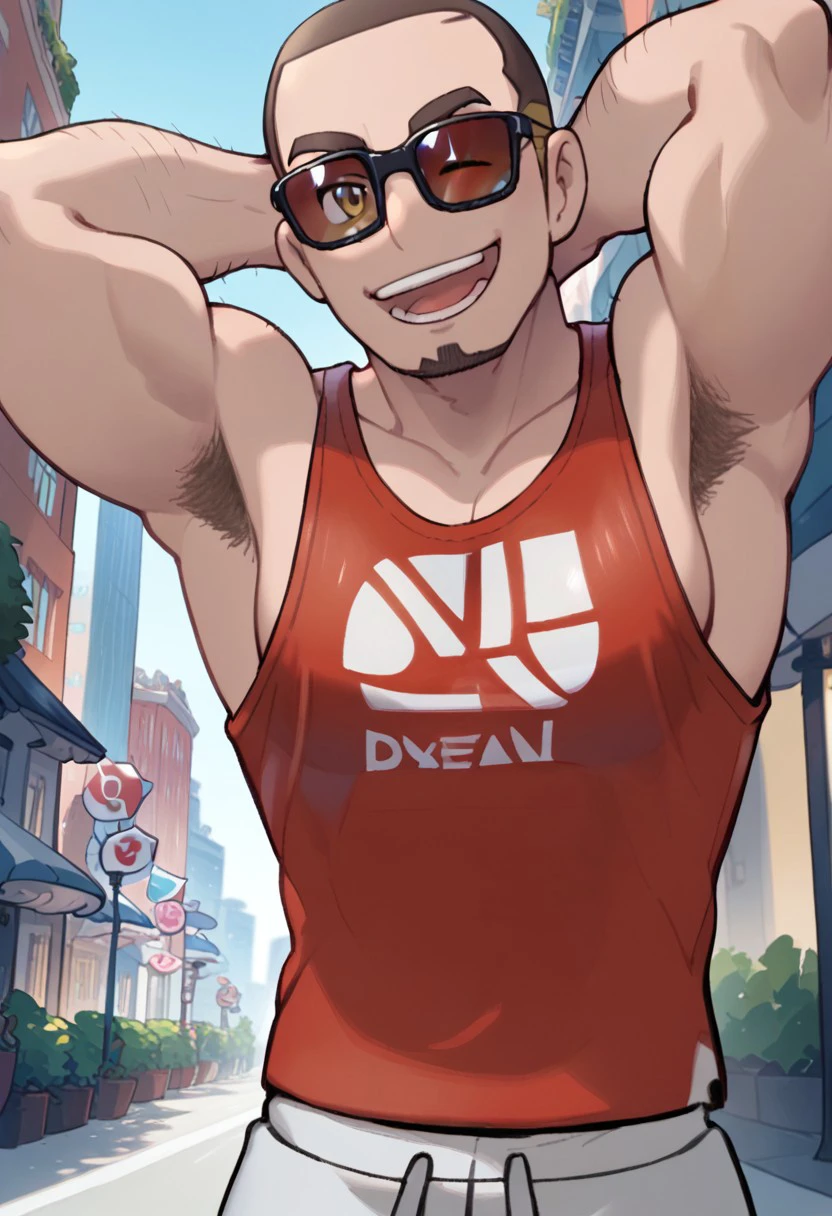 txt2img
score_9, score_8_up, score_7_up, source_anime, highly detailed, big pecs, male focus, 1boy, sideburns, standing, muscular, city background, Expressiveh, hands behind head, looking at viewer, city background, wink, open mouth, smile
POKEMON_BuffGuy, hairy arms, buzz cut, goatee, big pectorals, brown hair, facial hair, thick eyebrows
red tank top with white accents, demin tight pants, black eyewear, transparent glasses
pokemon