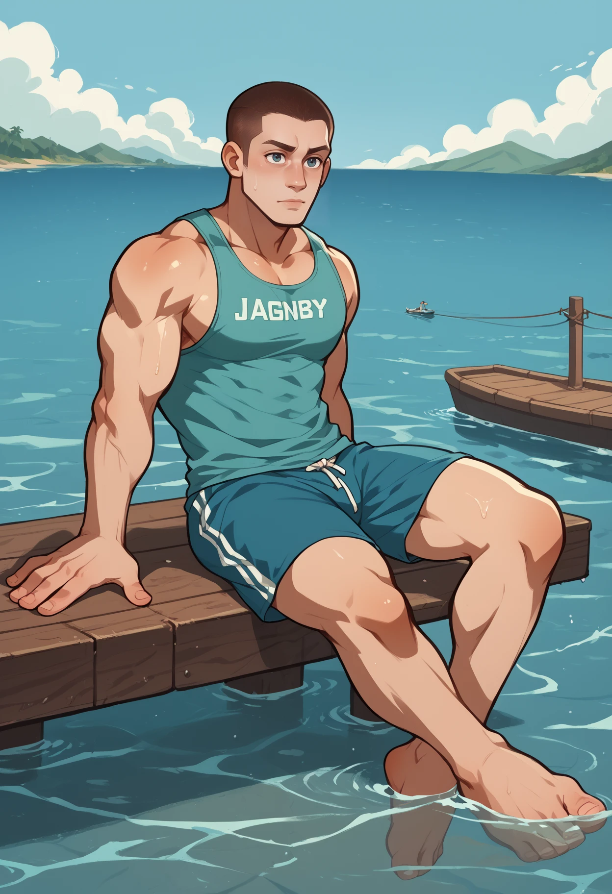 score_9, score_8_up, score_7_up, score_6_up, illustration, <lora:xl_joey_landis-09:0.8> joeyperson, wearing teal tank top shirt and board shorts, sitting on pier, feet in water, buzz cut, <lora:gooeycandysf01r:1>