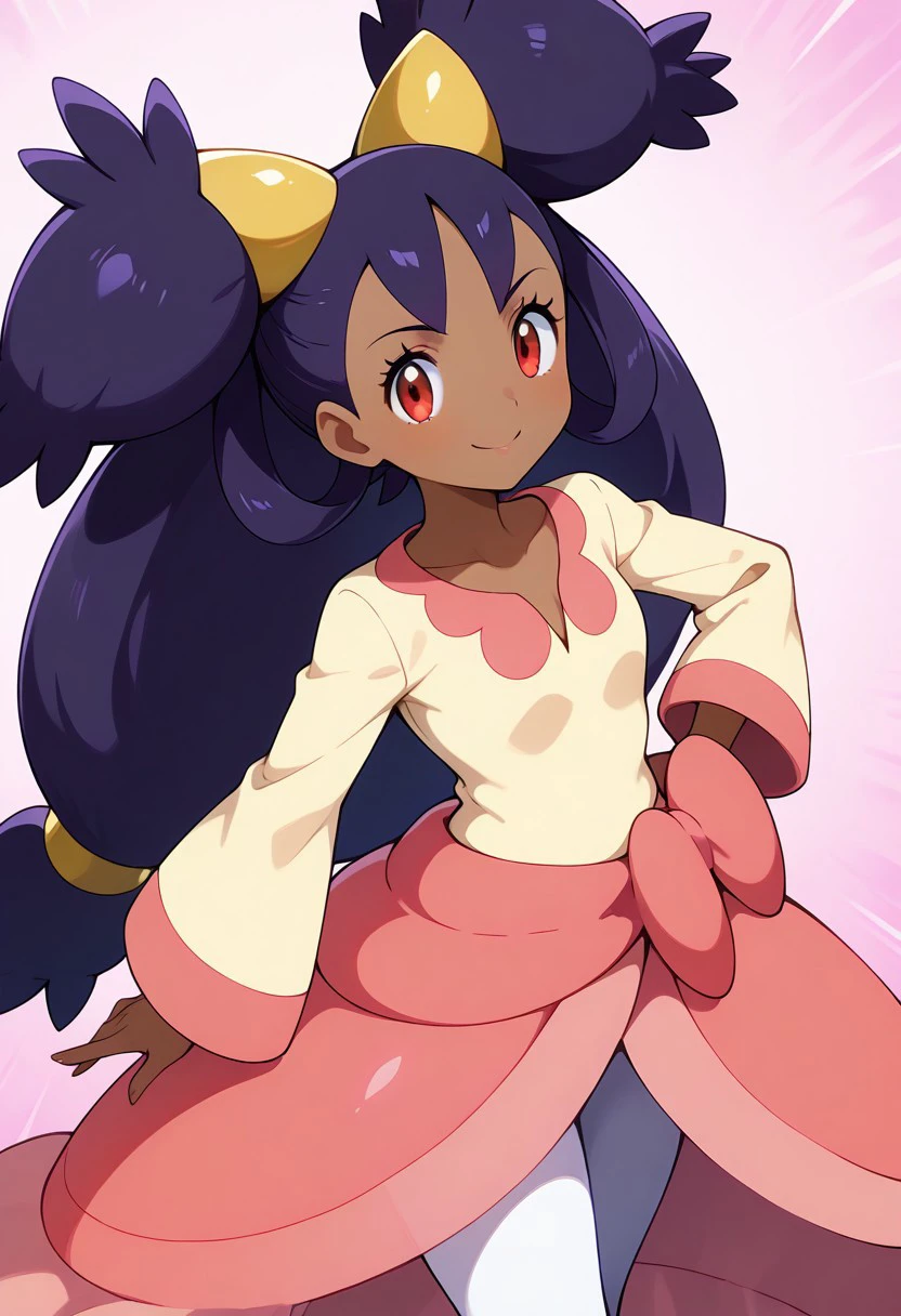 iris \(pokemon\), purple hair, long hair, red eyes, dark skin, big hair, hair ornament, white leggings, long sleeves, miniskirt, pink skirt, confident, hand on hip, cowboy shot,
,curvy, smile, looking at viewer, pretty background, dynamic pose,