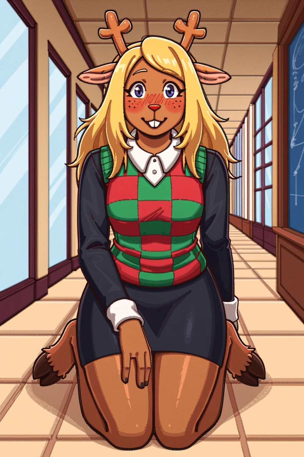 masterpiece, best quality, newest, absurdres, furry female, noelle_hol, deer girl, buck teeth, checkered sweater, skirt, hooves, kneeling, hallway, looking at viewer, blush,
BREAK
dynamic background,  <lora:Noelle_Holiday_-_Deltarune_Pony:1>