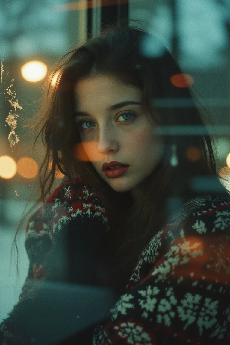 A captivating 35mm film shot unfolds, and the camera captures a young woman in a seductive pose through a frosted window. ((Wearing a thick Christmas sweater, she looks directly at the viewer with her sharp black eyes, her pale skin glows under her hair, partially obscuring her face. The soft lighting illuminates her sweet smile)),  In particular, the glass surface of the front window in front of the frame is a transparent glass reflection and glass refraction, and the frost pattern formed by the frozen frost forms a gradient on the glass surface, emphasizing the cozy atmosphere beyond the window. The extremely low angle (1.4) and high contrast HDR (1.2) further emphasize the wonder and mystery of the image, transporting the viewer into a dreamy and transcendent fantasy world.