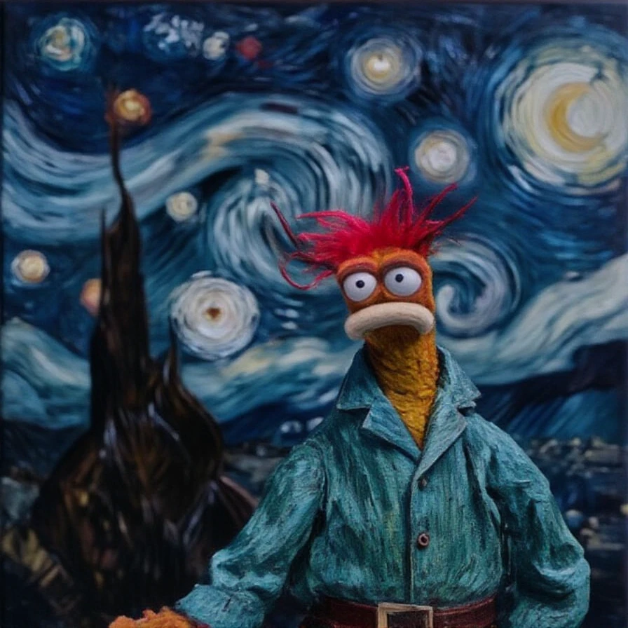 Pepe Prawn King, stary night background, paining in style of Vincent van Gogh <lora:pepe-king-prawn:1> <lora:style_of_Vincent_van_Gogh_FLUX_123_r1:1.2>