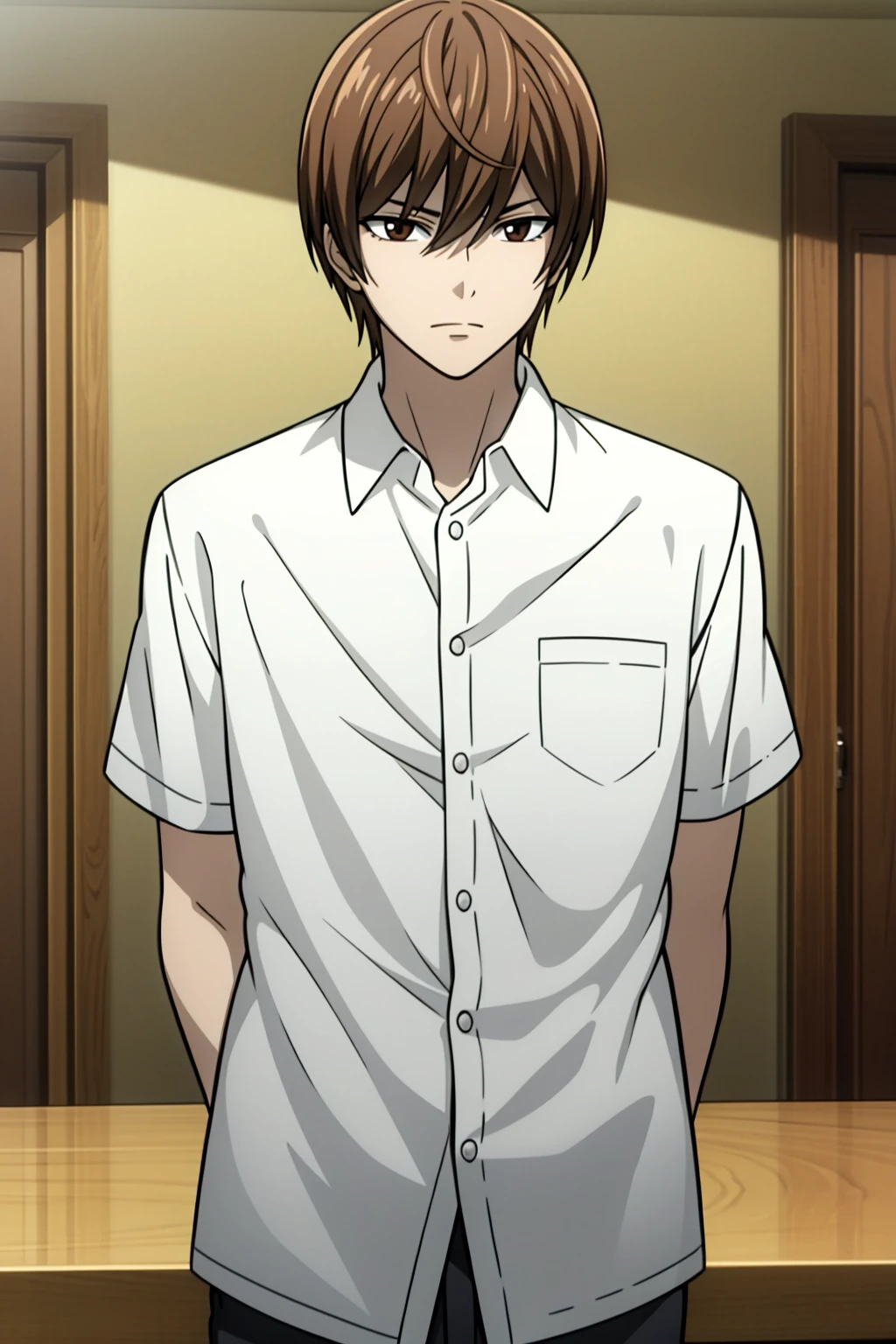 masterpiece,best quality,8k,higres,yagami_light,1boy,solo,brown hair,short hair,brown eyes,male,focus,white shirt