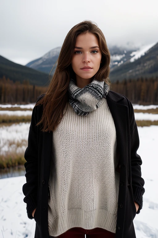 breathtaking a breathtaking fashion photo:1.3  of a beutiful woman, <lora:SilvieDeluxeV1:1>,  1girl, solo, realistic, brown hair, long hair, looking at viewer,  posing, wearing a knitted sweater matched with a scarf, outdoors, snowy landscape, cabin, <lora:add-detail-xl:.7>,  epiCPhoto, enhanced contrast, depth of field, 35 mm prime lens, shot on ALEXA65, her body is turned against the camera . award-winning, professional, highly detailed, detailed skin texture, (blush:0.5), (goosebumps:0.5), subsurface scattering