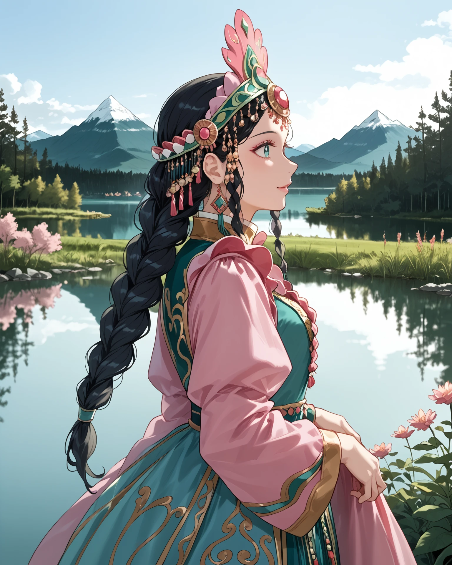 1girl, wearing yakutfa, yakutfa clothes, beautiful scenery, shimmering lake, long hair, braid, black hair, pinks and greens, extremely detailed clothing, headdress, digital art, masterpiece, absurdres, highest quality, score_9, score_8_up, score_7_up,   <lora:Yakut_Fashion_XL:1>,