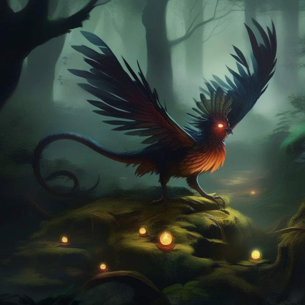 concept art  <lora:cockatrice:1> cockatrice, a cockatrice perched on a mossy stone in an enchanted forest, its reptilian body blending into the lush greenery. Its leathery wings are partially spread, revealing iridescent scales that shimmer in the faint moonlight breaking through the canopy. The camera angle is low, looking up at the creature, giving it a menacing and majestic aura. A soft mist swirls around the forest floor, diffusing the moonlight into an ethereal glow. Tiny magical fireflies illuminate the scene, casting a warm, golden hue against the cockatriceâs dark, sharp talons.
 . digital artwork, illustrative, painterly, matte painting, highly detailed