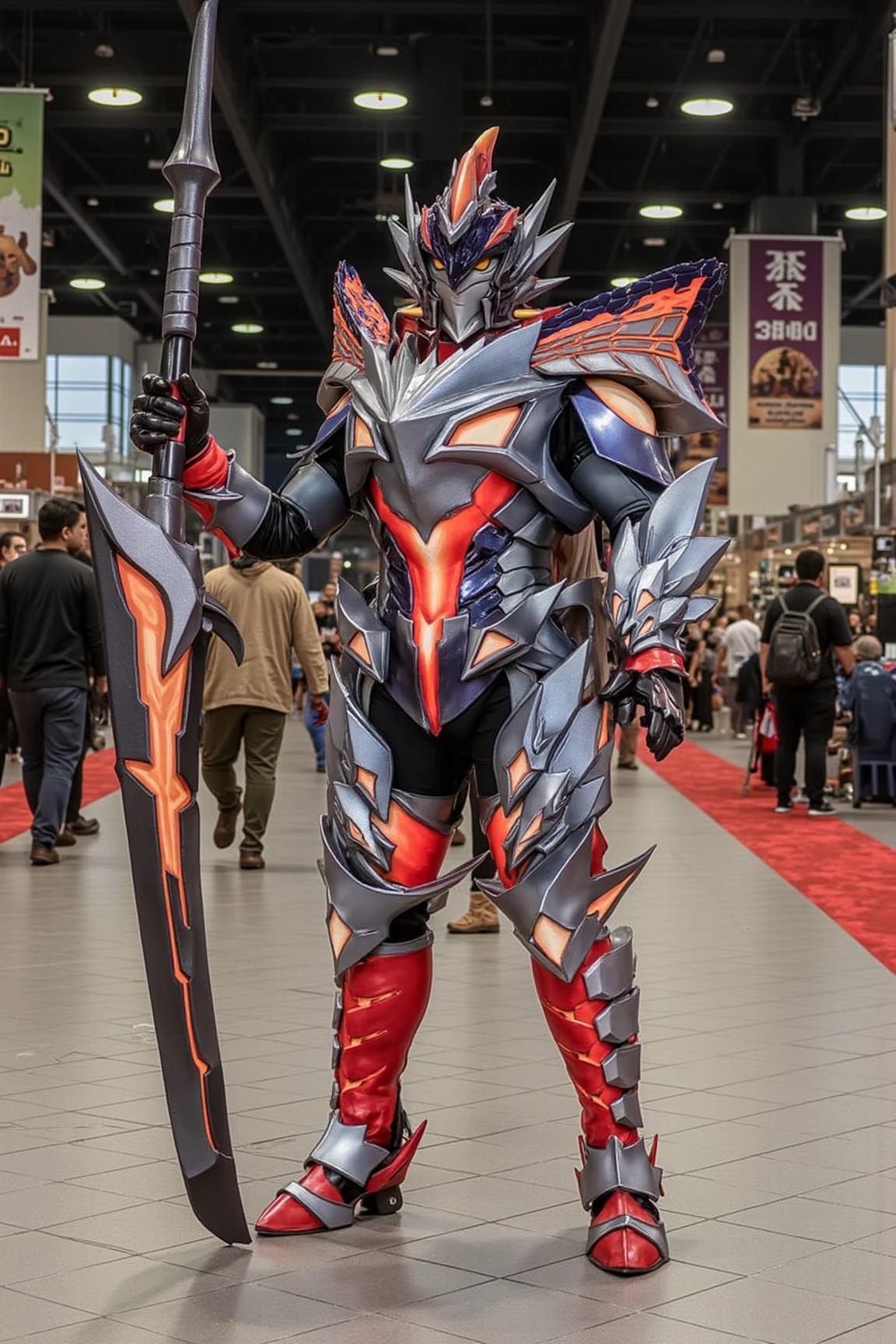 cinematic photo HDR photo of mhrvvalstraxarmor, a man wear a red and sliver costume, holding a great tachi,Cinematic photography of a realistic one man solo cosplaying,Her eyes, a vivid shade of emerald yellow and The setting is indoors at a bustling convention hall, with other attendees in various costumes in the background. The hall is decorated with banners and booths showcasing different fandoms, creating a vibrant and energetic atmosphere typical of major cosplay events like Comic-Con or Anime Expo. sparkle with a blend of enthusiasm and playfulness, capturing the essence of the beloved character, male In this dynamic portrait ,standing in to full body  featuring stunning sparkle with a blend of enthusiasm and playfulness, capturing the essence of the beloved charactercurtain,  <lora:cosplay_flux_V1:0.6> ggasia11k cosplay concept <lora:mhrvvalstraxarmor:1> . High dynamic range, vivid, rich details, clear shadows and highlights, realistic, intense, enhanced contrast, highly detailed, 35mm photograph, film, bokeh, professional, 4k, highly detailed