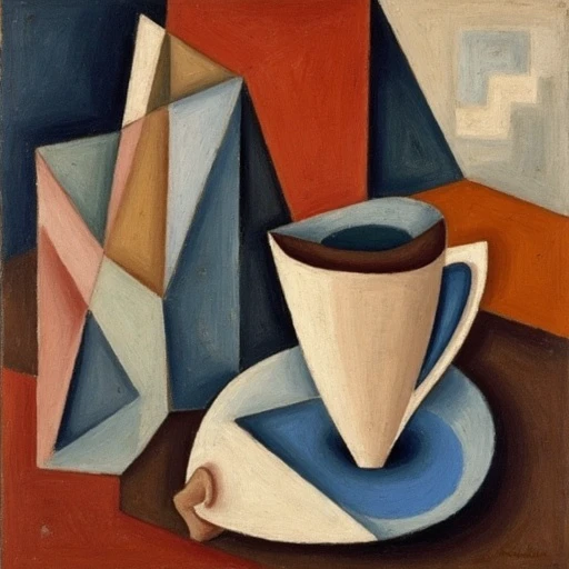 JuanGris, painting cubism style of coffe bag and cup of coffee