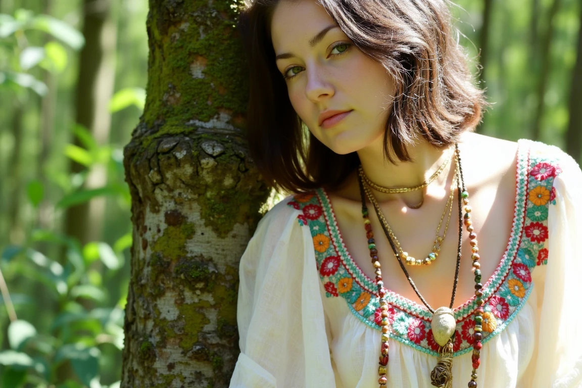 <lora:hippiebeauties:1> hippiebeauties, ultra realistic, ultra detailed textures and colors, half body shot, a bohemian woman leans against a mossy tree trunk in a dense forest, her face framed by loose tendrils of her dark hair. She wears a flowy blouse with intricate embroidery and beaded necklaces. The shot is taken with a 85mm lens for a half-body portrait that accentuates her serene expression. Soft diffused light filters through the canopy, casting delicate highlights on her cheekbones and the texture of her outfit., RAW candid cinema, 16mm, color graded portra 400 film, remarkable color, ultra realistic, textured skin, remarkable detailed pupils, realistic dull skin noise, visible skin detail, skin fuzz, dry skin, shot with cinematic camera