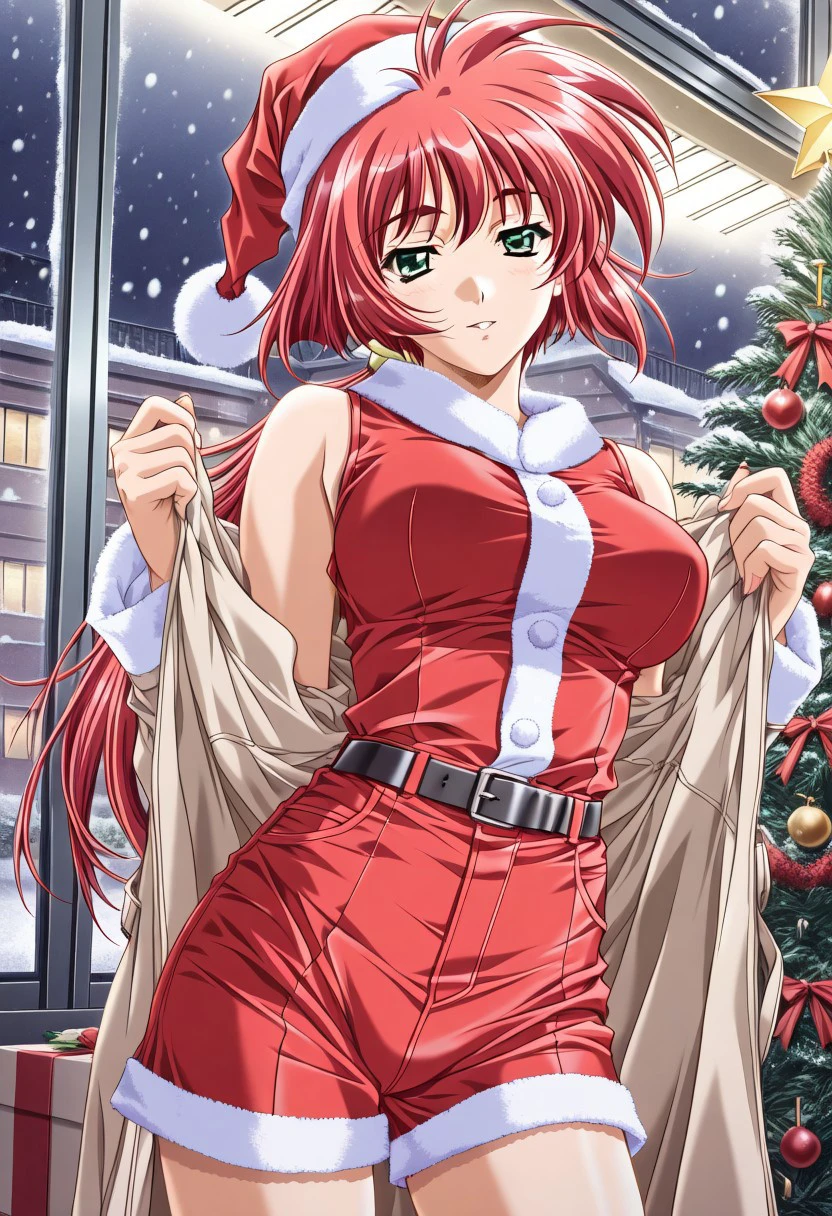 masterpiece, best quality, newest, highres, uncensored, 1girl, yokota mamoru style,motion lines,1girl, slender face，motion lines, a very attractive sexy woman dressed in a Santa costume holding on a present box standing under Christmas tree at the illuminate street, 1girl, solo, hat, illumination, Christmas, Christmas tree, coat, fur trimmed wear, breasts, red shorts, Santa hat, shorts, Santa costume,red santa dress, fur,belt,christmas town, christmas decor, winter, snowing, shops, nighttime, lights in windows, yellow gaslight illumination,Ogata Shizuka Again Version,Red Hair, Ponytail, Waist Length Hair,Green eyes