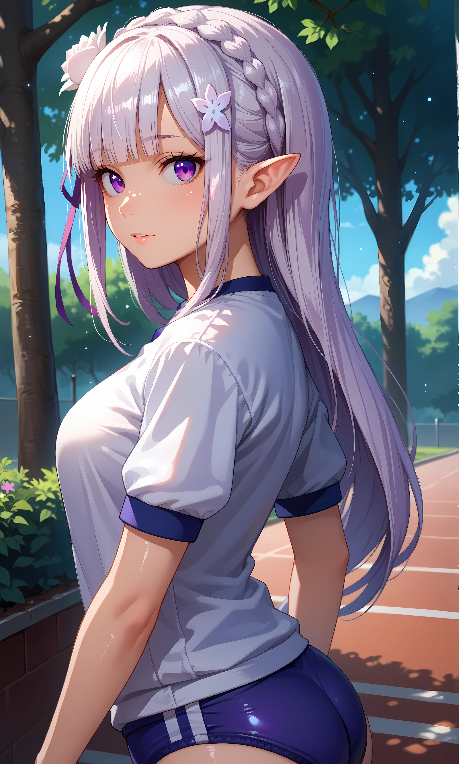 score_9, score_8_up, score_7_up, source_anime, 1girl, solo, outdoors, park, cowboy shot, looking at viewer, shiny skin, close-up, emilia, purple eyes, white hair, long hair, blunt bangs, hair ornament, braid, hair flower, pointy ears, white shirt, short sleeves, gym uniform, buruma, from side