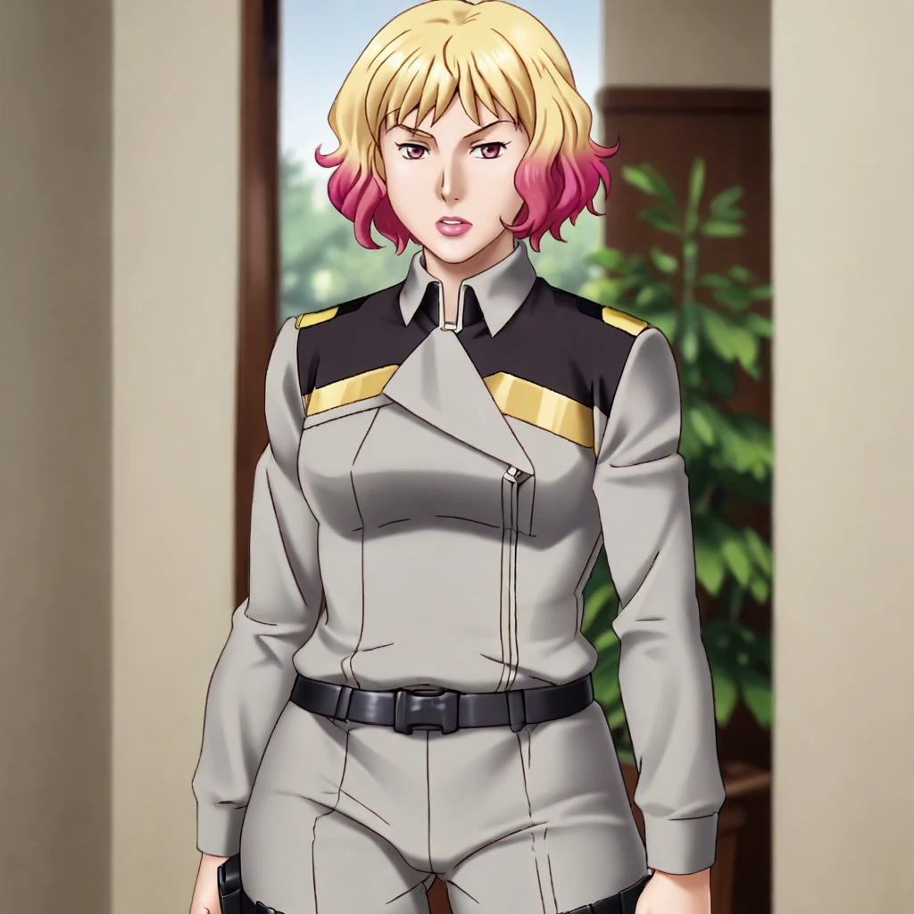 <lora:darkshadows_pony_v1:1> score_9, darkshadows_style, darkshadows, source_artwork     <lora:sofialouis_pony_v1:0.79> SofiaLouis, 1girl, military uniform, holster, belt, pants, short blonde pink multicolored gradient hair, cowboy shot