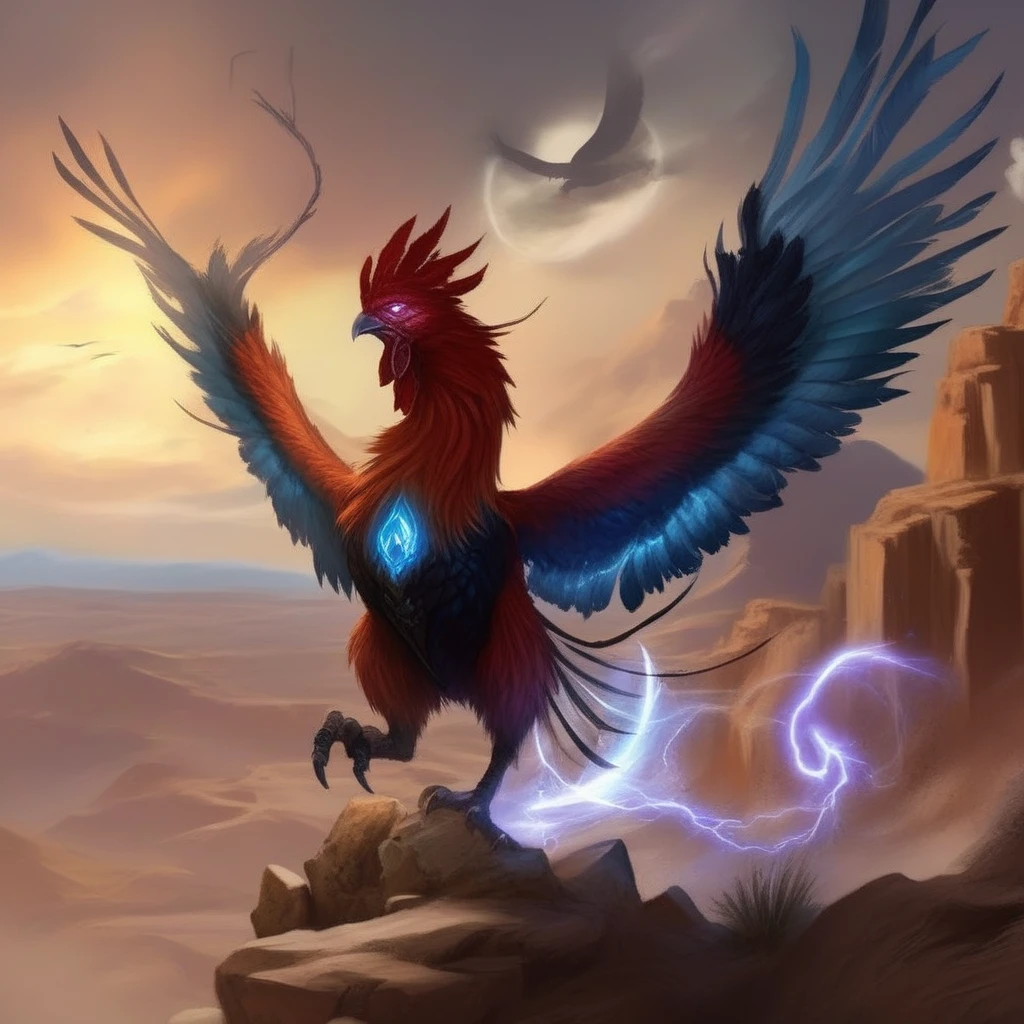 ethereal fantasy concept art of   <lora:cockatrice:1> cockatrice,  a cockatrice in the midst of an intense desert battle, wings fully outstretched as it lunges at a warrior. The creature's eyes glow fiercely, radiating a petrifying aura. The background is a stormy twilight sky, with flashes of lightning illuminating the desolate terrain. The camera is positioned at a dynamic angle, just behind the warriorâs shoulder, creating a sense of immediacy. The lighting is dramatic, with harsh shadows emphasizing the sharp edges of the cockatriceâs beak and scales.
 . magnificent, celestial, ethereal, painterly, epic, majestic, magical, fantasy art, cover art, dreamy