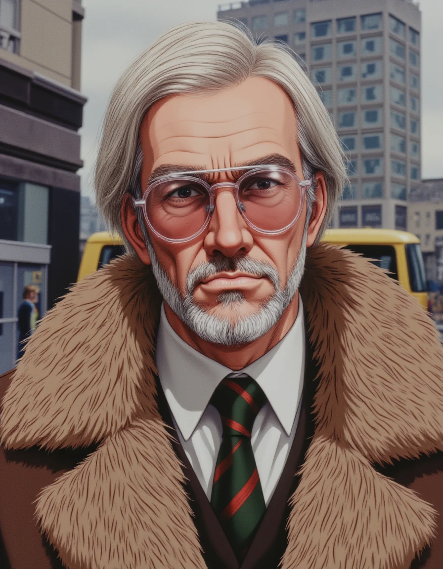 UHD, 4k, ultra detailed, cinematic, a photograph of Golgo13  A cartoon of a middle-aged man with a beard and mustache. He is wearing a fur coat that covers his upper body. The coat is brown and has a fur-like texture. He has a white collared shirt underneath the coat with a green and red striped tie. He also has a pair of large, round sunglasses on his face. The man is looking directly at the camera with a serious expression. In the background, there is a tall building with multiple windows and a yellow bus parked on the side of the road. The sky is overcast and the overall mood of the image is somber.