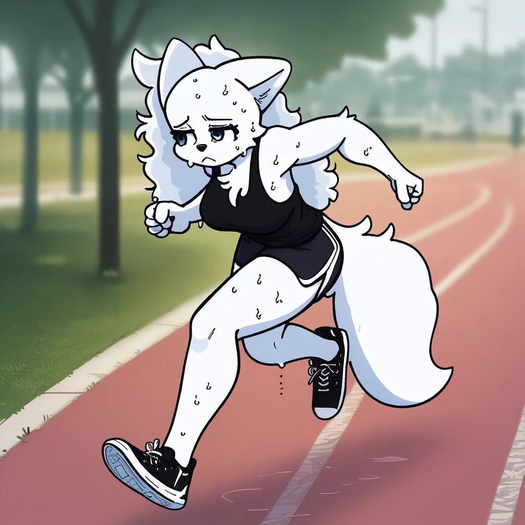 score_9, score_8_up, score_8, score_7, source_cartoon, source_furry, Solo, 1girl, anthro, dog, dog girl, samoyed, female furry, white fur, long hair, white hair, fluffy tail, cyan eyes, large breasts, cute face, full body, jogging, sweating, sweat band, black tank top, black gym shorts, black sneakers, tired look, park setting,