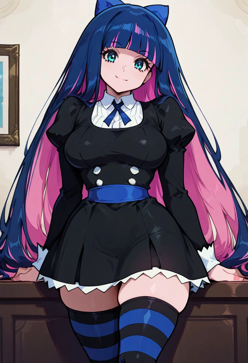 very awa,masterpiece,best quality,very aesthetic,year 2024,newest,highres,absurdres, big breasts, sexy, 
best quality anime, intricate details, dynamic viewing angle, accurate body proportions, skindentation, bedroom background,
smile, looking at viewer, head tilt, 
patStocking, stocking anarchy, blue eyes, blue hair, colored inner hair, hair bow, long hair, multicolored hair, pink hair, two-tone hair, bangs, blunt bangs, striped thighhighs, black dress, puffy sleeves, long sleeves, collared shirt, white shirt,