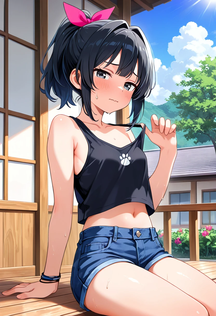 masterpiece, best quality, absurdres, very aesthetic, general,
1girl, solo, navel, looking at viewer, ponytail, bare shoulders, black hair, sitting, midriff, blue eyes, wavy mouth, half-closed eyes, hot, summer, sweat, sweatdrop, short shorts, hair bow, outdoors, collarbone, denim shorts, bare arms, denim, day, blue shorts, sidelocks, thighs, bangs, tree, bracelet, arm support, small breasts, stomach, sleeveless shirt, sky, flower, pink bow, blush, closed mouth, cowboy shot, black tank top, midriff peek, building, hand up, red bow, black shirt, house, eyebrows visible through hair, blue sky, cloud, strap pull, armpit crease, grey eyes, leaning back, wristband, crop top overhang, window, high ponytail, parted lips, short hair, veranda, animal print, bare legs, arm at side, hair intakes, hair ribbon, armpits, strap lift, railing, shiny, sunlight, high-waist shorts