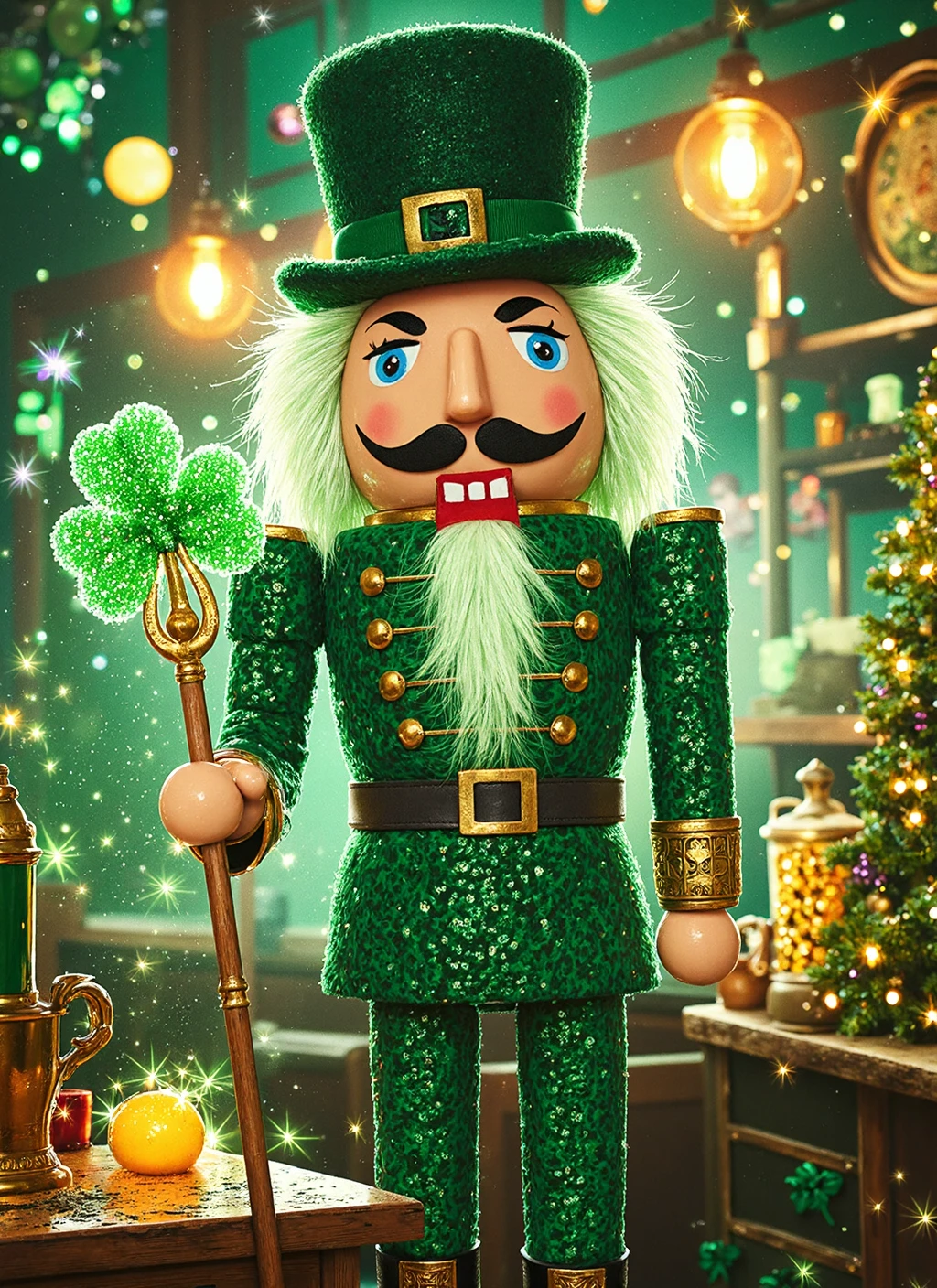 {    "T5": "A vibrant, 8k resolution, Irish illustration style depiction of FancyNutcracker wearing Celtic-inspired attire, posing with an Irish flag in a magical Irish pub, set amidst a joyful St. Patrick's Day celebration, illuminated by emerald light and magical celebration lighting, with a floating shamrock, lucky sparkle, and Celtic shimmer, capturing a moment of joy in a festive painting technique with an energetic composition, green color palette, and dynamic celebration effects, viewed from a celebratory angle, exuding a jubilant atmosphere and Irish magic, nestled within an Irish landscape, embodying the essence of a celebratory St. Patrick's Day artwork",    "CLIP-L": "St. Patrick's Day, Celtic-inspired attire, Irish flag, magical Irish pub, celebration atmosphere, Irish magic, festive painting technique, green color palette, joyful holiday mood, celebration card quality, vibrant artistic rendering, magical celebration lighting, emerald light, floating shamrock, lucky sparkle, jubilant atmosphere, Irish magic, Celtic shimmer, dynamic celebration effects" }