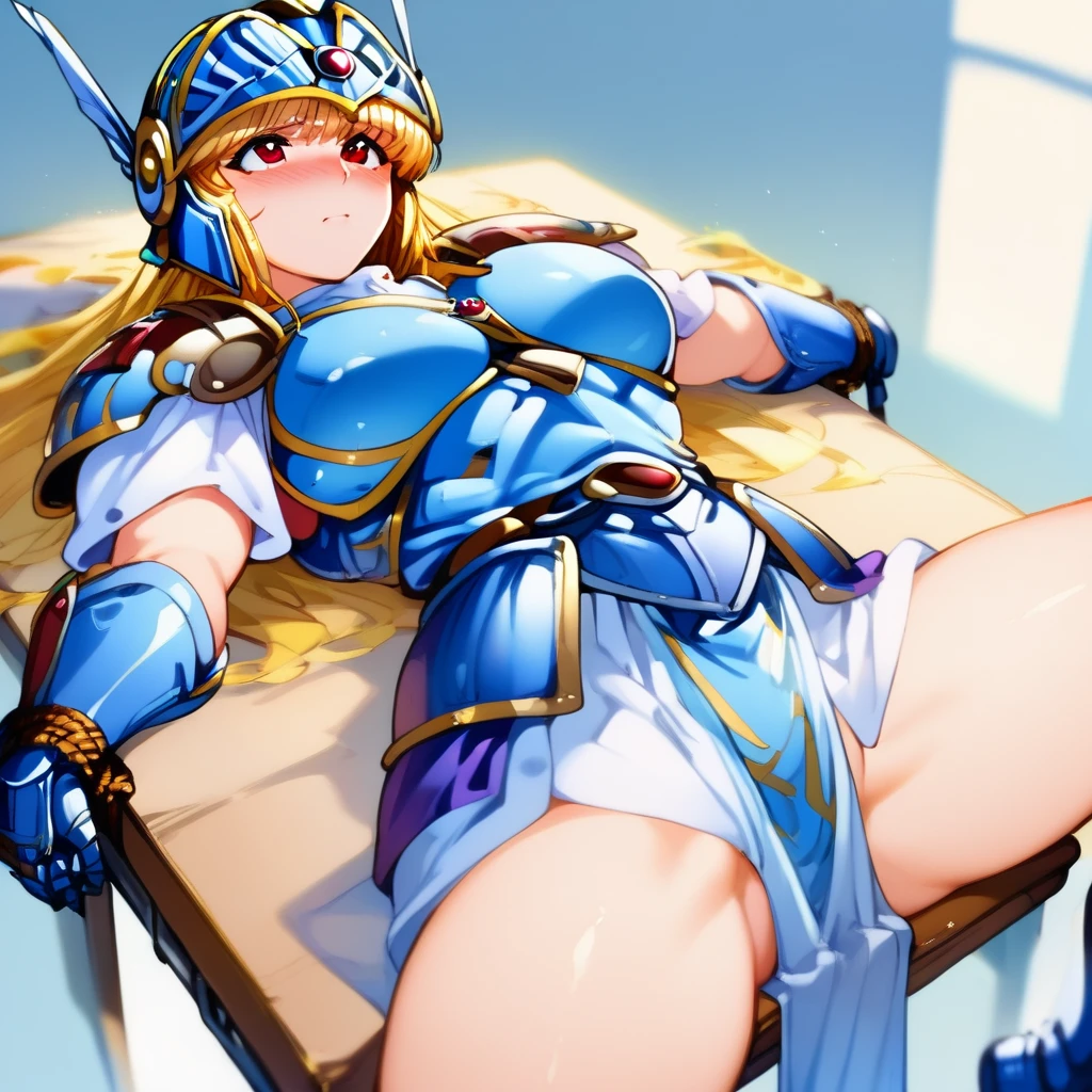 <lora:bound_to_desk_pony:0.85>  1girl , bound_to_desk,  lying,  on back, on desk, bound wrists, spread legs, tied legs, 
 <lora:ikusaleia0.93:0.75> nleia, blue armor,long hair,blonde hair, red eyes, helmet, shoulder armor, pauldrons, white short sleeve, skirt, breasts, breastplate, belt, gauntlets , armored boots, full-face blush
source_anime, masterpiece, best quality, extremely delicate and beautiful, highres, original,  score_9, score_8_up, score_7_up ,