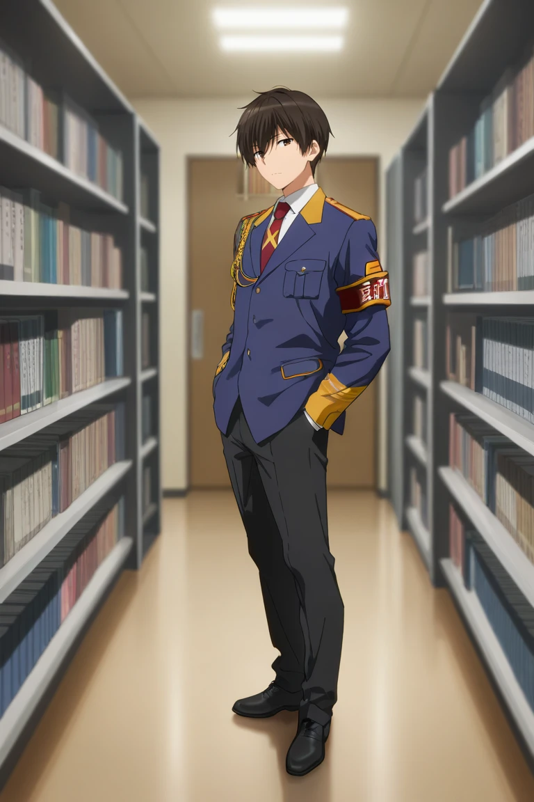 masterpiece,best quality,amazing quality,very aesthetic,high resolution,ultra-detailed,absurdres,newest,scenery,volumetric lighting,depth of field , , , 1boy,solo,male focus,  <lora:seiya:0.85>,seiya kanie,dark brown hair, brown eyes,short hair,shirt,long sleeves,closed mouth,standing, jacket, full body,necktie, shoes, collared shirt, pants, indoors, black footwear, uniform, black pants, red necktie, armband, hands in pockets,aiguillette, bookshelf,looking at viewer,