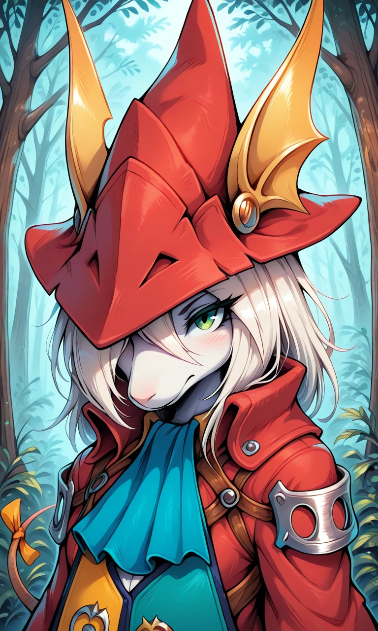 masterpiece, best quality, perfect face, 1girl, Freya crescent, female furry, red hat, blue ascot, green eye, hair over one eye, medium hair, mouse ears, mouse tail, forest, portrait, upperbody,