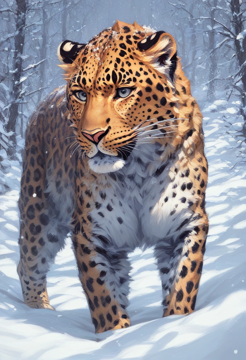(score_9, score_8_up, score_7_up:1.4), solo, feral, quadruped, (leopard:1.3), amurleopard, standing, on snow, heavy snowing, winter, diamond dust, forest, dappled sunlight, grey eyes, sparse illumination, chiaroscuro, bokeh, best quality, best aesthetic, masterpiece, amazing quality, absurdres, <lora:amurleopard_pony_18-000011:1.2>
