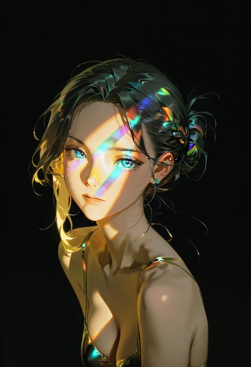 prism light, solo, 1girl, looking at viewer,black background, shadows