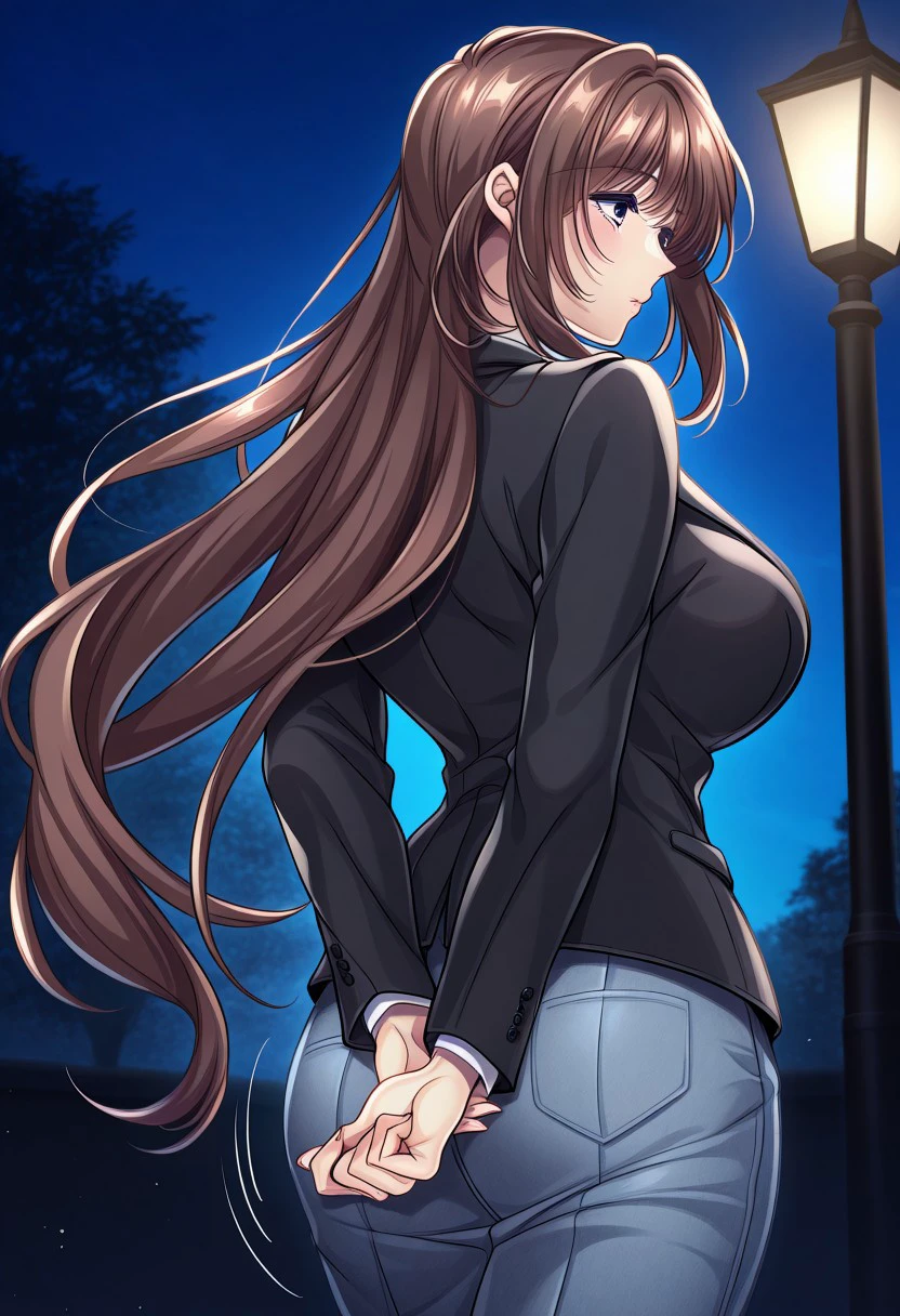 masterpiece, best quality, newest, highres, uncensored, 1girl, yokota mamoru style,motion lines,1girl,Hagino Umi,Brown Hair, Side Tail, Waist Length Hair,Violet Eyes,Big Breasts, Pale, Slim, Young-adult, night, from behind, arms behind back, outdoors, lamppost, very long hair, skirt, black jacket, jacket, suit, long sleeves, formal, pencil skirt, sky, tree, skirt suit,blue jeans