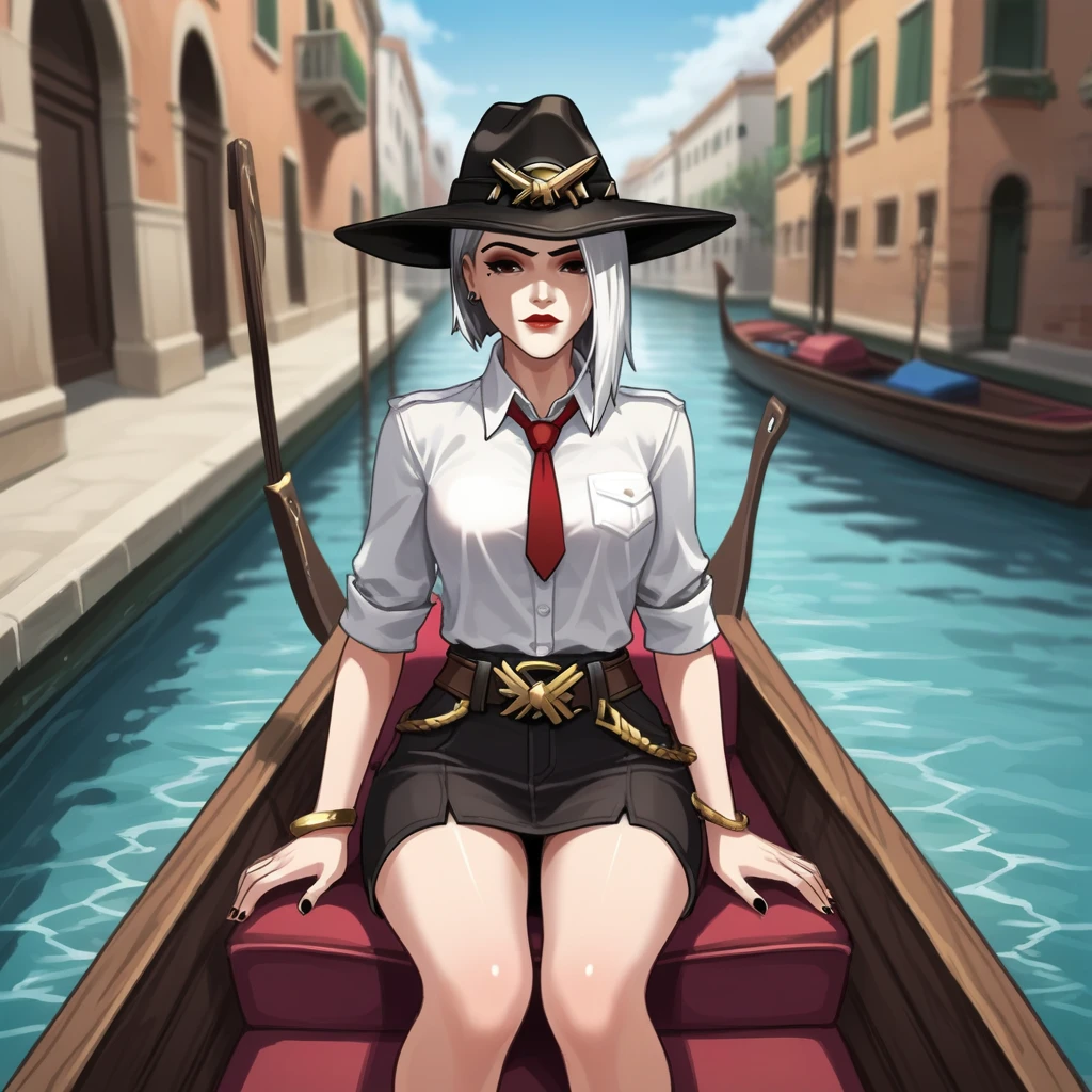 score_9, score_8_up, score_7_up, score_6_up, score_5_up, score_4_up, zPDXL2,source_anime,rating_questionable, 1girl, solo, sitting, looking at viewer, <lora:Gondola:0.7> g0nd0l4, outdoors, water, boat, sitting, venice canal, ashe_(overwatch), overwatch