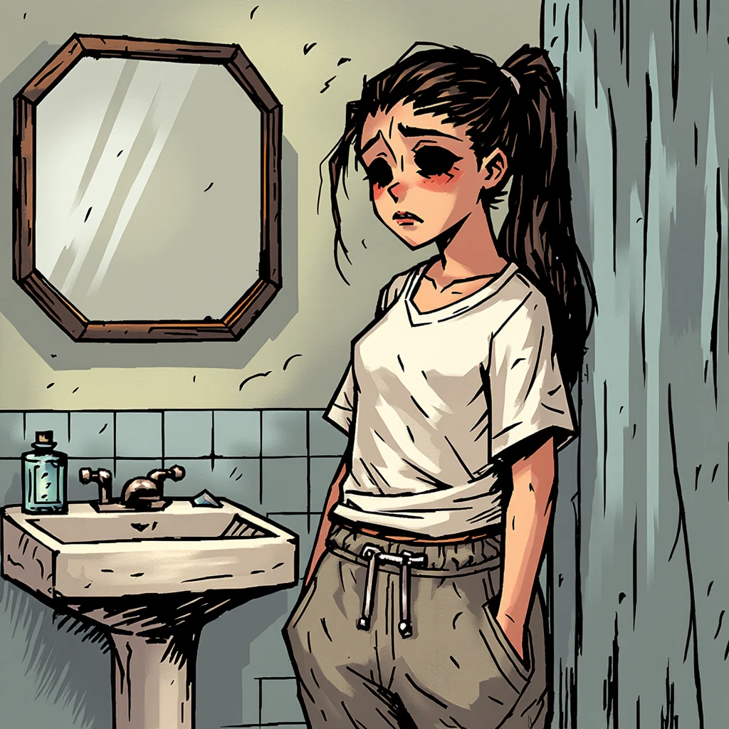 inked comic illustration in dd artstyle, a tired 25 year old woman with dark empty black eyes and a ponytail that just woke up dressed in a large oversized t-shirt and sweatpants standing in front of a sink mirror in her bathroom during the early morning hours.