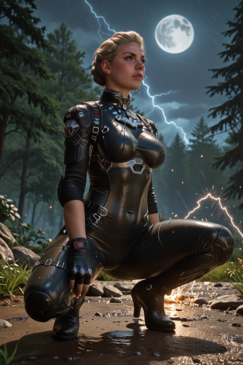 score_9, score_8_up, score_7_up, masterpiece, high quality, BREAK
<lora:Ines RayaPonyLora:0.8>inesraya, short hair, hair bun, braid, bodysuit, skin tight, covered navel, fingerless gloves, wet, angry, in a forest, black background, dynamic motion, sweat, night, moon, cowboy shot, electricity, sparks, storm, lightning, crouching, hand on ground, leg back
