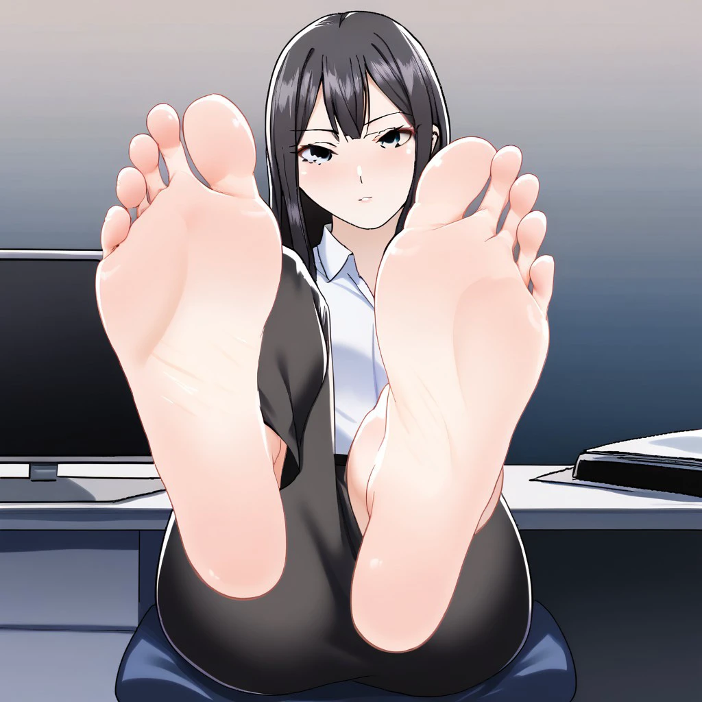 1girl, barefoot, black eyes, black hair, desk, feet, foot focus, half-closed eye, hand on own knee, light blush, long hair, looking at viewer, office, office lady, soles, toes, uneven eyes, maburoku, feet up, feet together