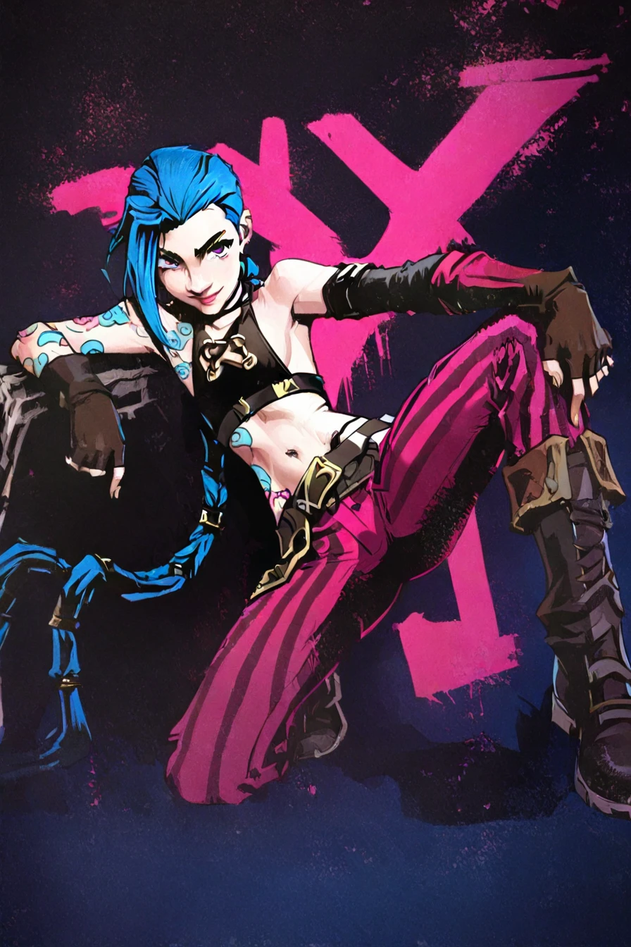 <lora:JinxPDXL:0.6>, jinx, blue hair, pale skin, choker, smile, blue eyes, long blue twin pigtails, tattoo,crop top, sleeve, armbands, purple striped pants, gloves, belt, 1girl, solo, alone,  <lora:arcane_poster_illustriousXL-000021:1>, arcane_poster_style, masterpiece, highres