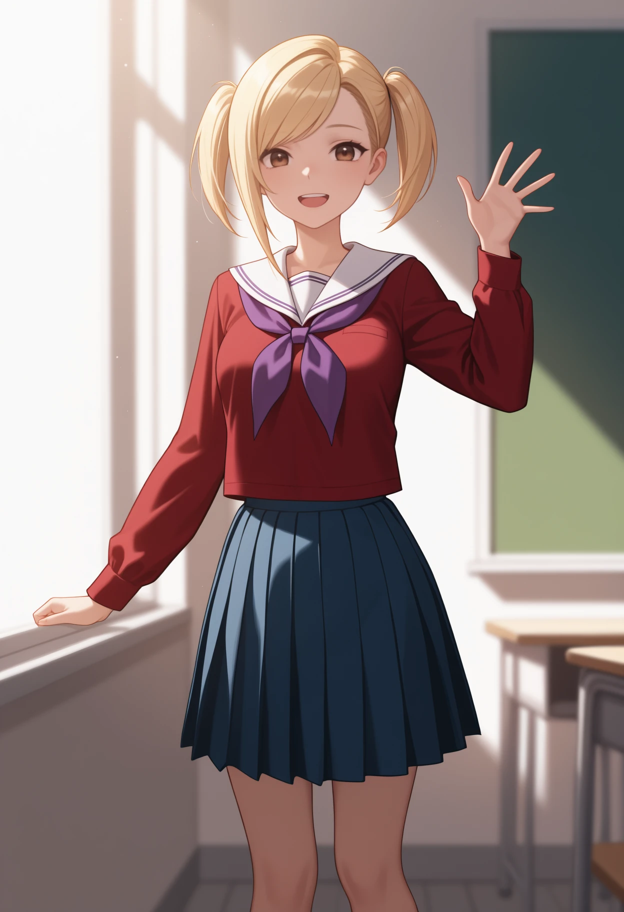 masterpiece, best quality, <break> solo, 1girl, yrena, :d, upper teeth only, looking at viewer, standing, waving, arm at side, medium hair, blonde hair, asymmetrical hair, swept bangs, twintails, brown eyes, school uniform, serafuku, red shirt, white sailor collar, purple neckerchief, long sleeves, blue skirt, pleated skirt, medium breasts, indoors, classroom, sunlight
<segment:yolo-Anzhc Face seg 640 v2 y8n.pt,0.4,0.5//cid=1>