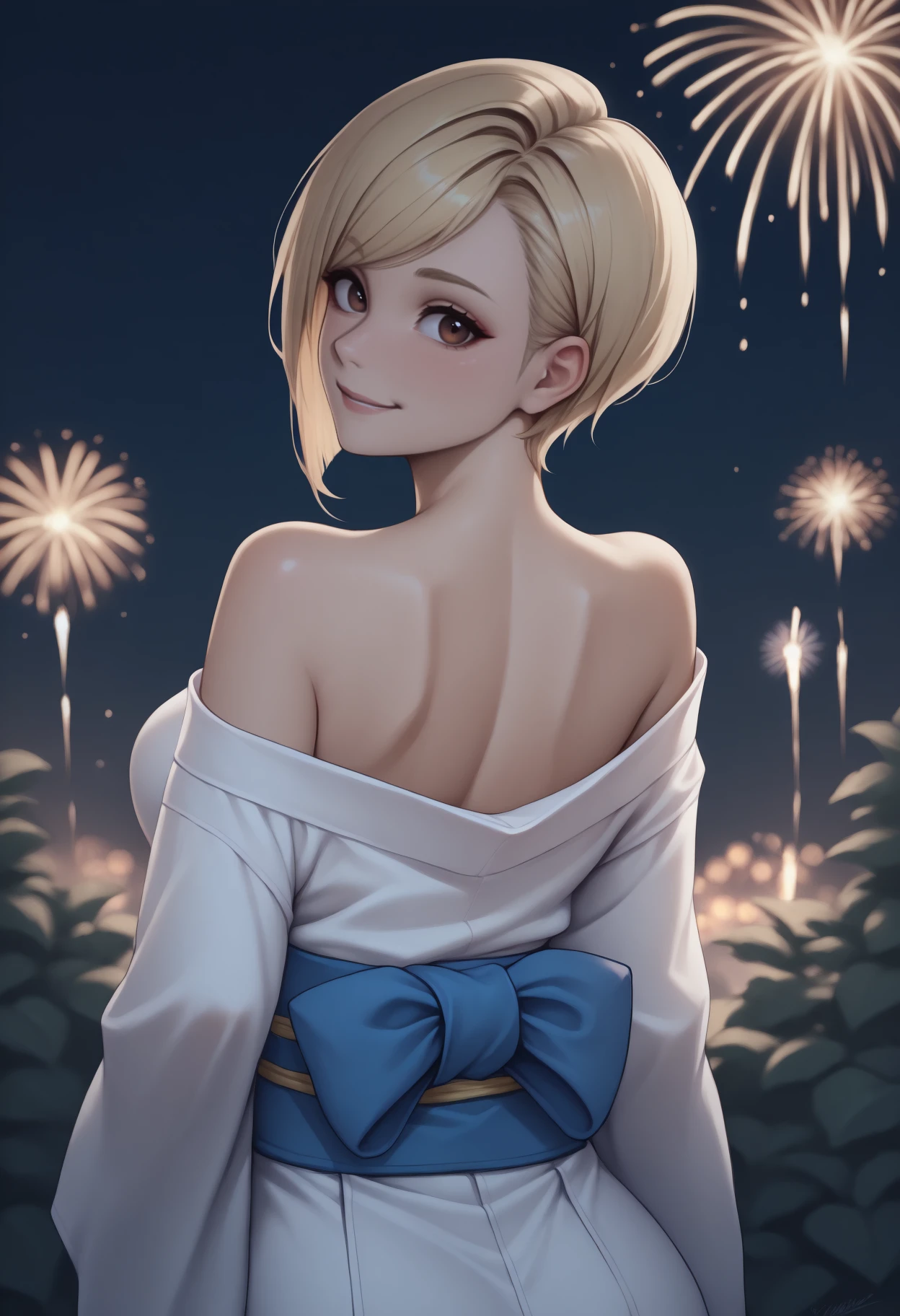 anime, masterpiece, best quality, <break> from behind, solo, 1girl, yrena, smile, looking back, short hair, blonde hair, asymmetrical hair, swept bangs, brown eyes, japanese clothes, white kimono, off shoulder, blue sash, obi, bare shoulders, outdoors, night, fireworks
<segment:yolo-Anzhc Face seg 640 v2 y8n.pt,0.4,0.5//cid=1>