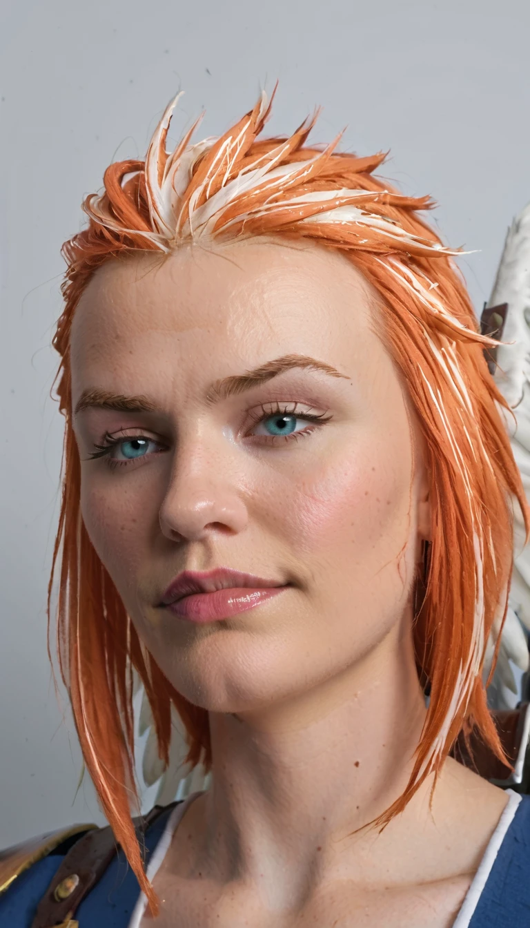 (((close up:2))), PHOTO, Commander Zilyana, Multi colored hair orange and white, armored, angelic white wings, smiling, photo studio, photo shoot, posing, face, detailed face