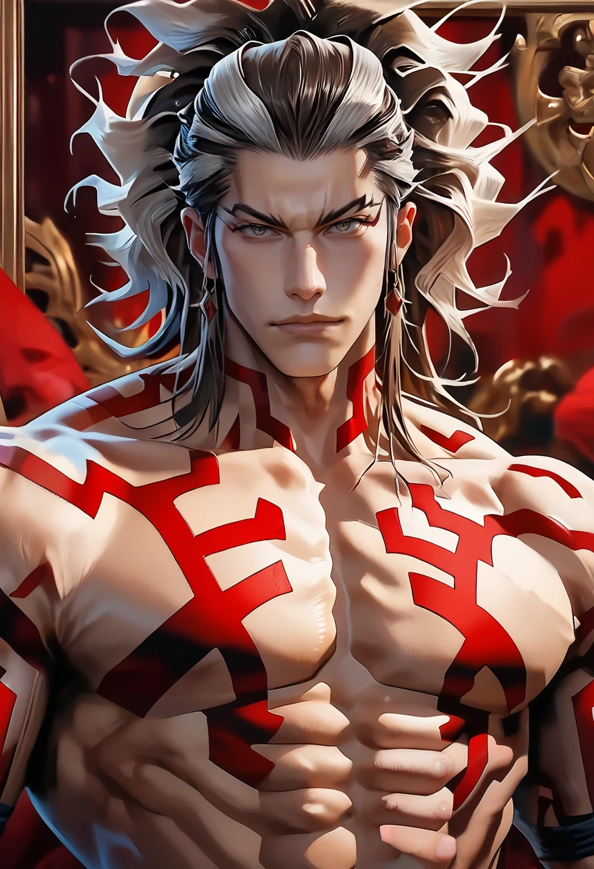 Create an illustration of a male Elf with vibrant red skin, ranging from a beautiful crimson to a deep scarlet hue, with hints of dark or black undertones. The skin should exhibit rich shades of red that evoke both strength and intensity, emphasizing his masculine features. The character's expression should reflect his unique personality, capturing the essence of his red-toned complexion and rugged demeanor.

Complementing his striking appearance, his hair is styled in a short, military-inspired cut, exuding a sense of authority and resilience. The hair is a pristine shade of white, reminiscent of freshly fallen snow. The contrast between his vibrant red skin and the snowy white hair adds to his magnetic presence.

The artwork should be detailed, showcasing the interplay of light and shadow on the skin and hair to convey depth and strength. This portrayal will enhance the captivating allure of the character's stunning, red-infused appearance while emphasizing his masculine and authoritative presence