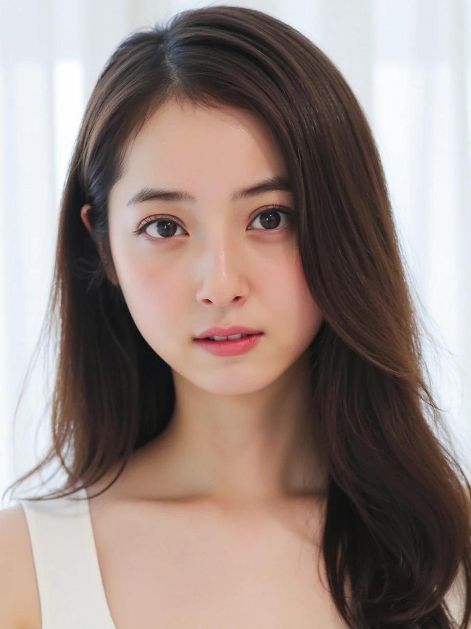 The image is a close-up portrait of a young Asian woman named nozomi with long, straight hair. She has a serious expression on her face and is looking directly at the camera. Her hair is styled in loose waves with bangs framing her face. She is wearing a white sleeveless top and her makeup is natural-looking with a hint of pink lipstick. The background is blurred, but it appears to be a window with white curtains. The overall mood of the image is calm and serene.