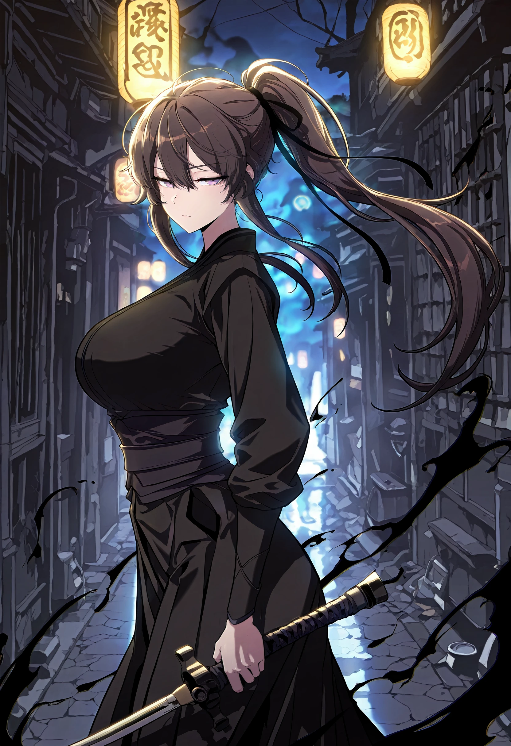 masterpiece, best quality, amazing quality, very aesthetic, absurdres, newest, scenery, 1girl, solo, huge breasts, serious, half-closed eyes, <lora:Wolyoung illustxl:1.0> long hair, hair between eyes, purple eyes, high ponytail, sidelocks, black hair, brown hair, hair ribbon, black ribbon, black kimono, long sleeves, sash, black skirt, long skirt, black pants, (holding sword:0.9), (upper body:1.1), walking, shadow, (black aura:1.1), from side, alley, dark, night, east asian architecture, outside, looking at viewer, shiny skin, masterpiece, best quality, amazing quality, very aesthetic, absurdres, newest, scenery