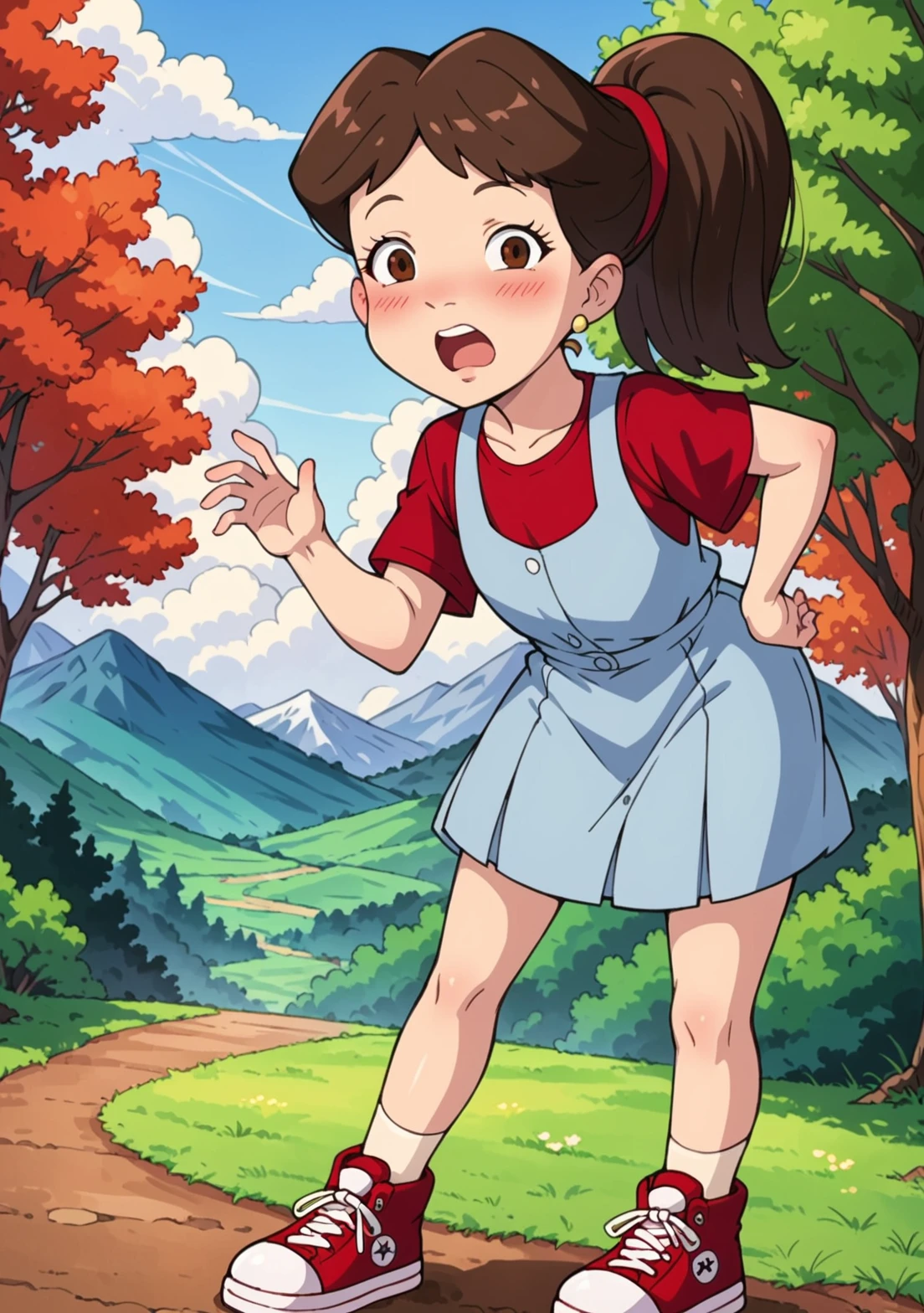 score_9, score_8_up, score_7_up, source_anime, Emmy_(Dragon Tales), Emmy, brown hair, wide hips,  ponytail, red hairband, brown eyes, surprised, shocked, blush,  :o, open mouth, looking at viewer, mountains, path, jewelry, standing, hand on hip, leaning forward, facing viewer,  solo focus, sky, close up, cloud, trees, red footwear, red converse, shoes, solo, red shirt, 1girl, overall skirt, legs,  <lora:EmmyDragonTales-000009:0.9>