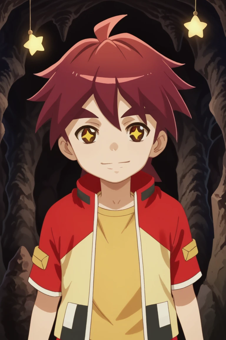 score_9, score_8_up, score_7_up, score_6_up, score_5_up,score_4_up,source_anime
jason, red hair, brown eyes, red jacket, yellow shirt, 1boy, male focus, solo, star (symbol), smile, symbol-shaped pupils, parody, cave