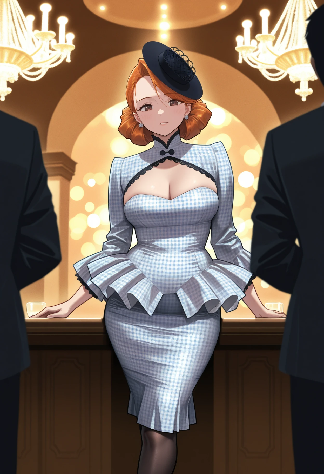 1girl, solo, photogenic beautiful woman, <lora:Outfit_soph-VintagePeplumSuitdress-ILXL:0.85> dr3ss, ((wide voluminous peplum))  medium breasts, Face-framing tendrils ginger hair, dr3ss, shiny satin gingham Chanel suit, shrug \(clothing\),  very high stiff collar, ornate trim,cleavage cutout, mature woman, best quality, afterglow, bokeh, 8k resolution, rim lighting, shadows, fascinator, pantyhose, standing, grand hall, chandelier, romantic restaurant, sitting, Marble Grandeur, Timeless, imposing, luxurious, majestic, by Zaha Hadid photography, shallow depth of field, vignette, highly detailed, high budget, bokeh, cinemascope, moody, epic, gorgeous, film grain masterpiece, best quality, very aesthetic